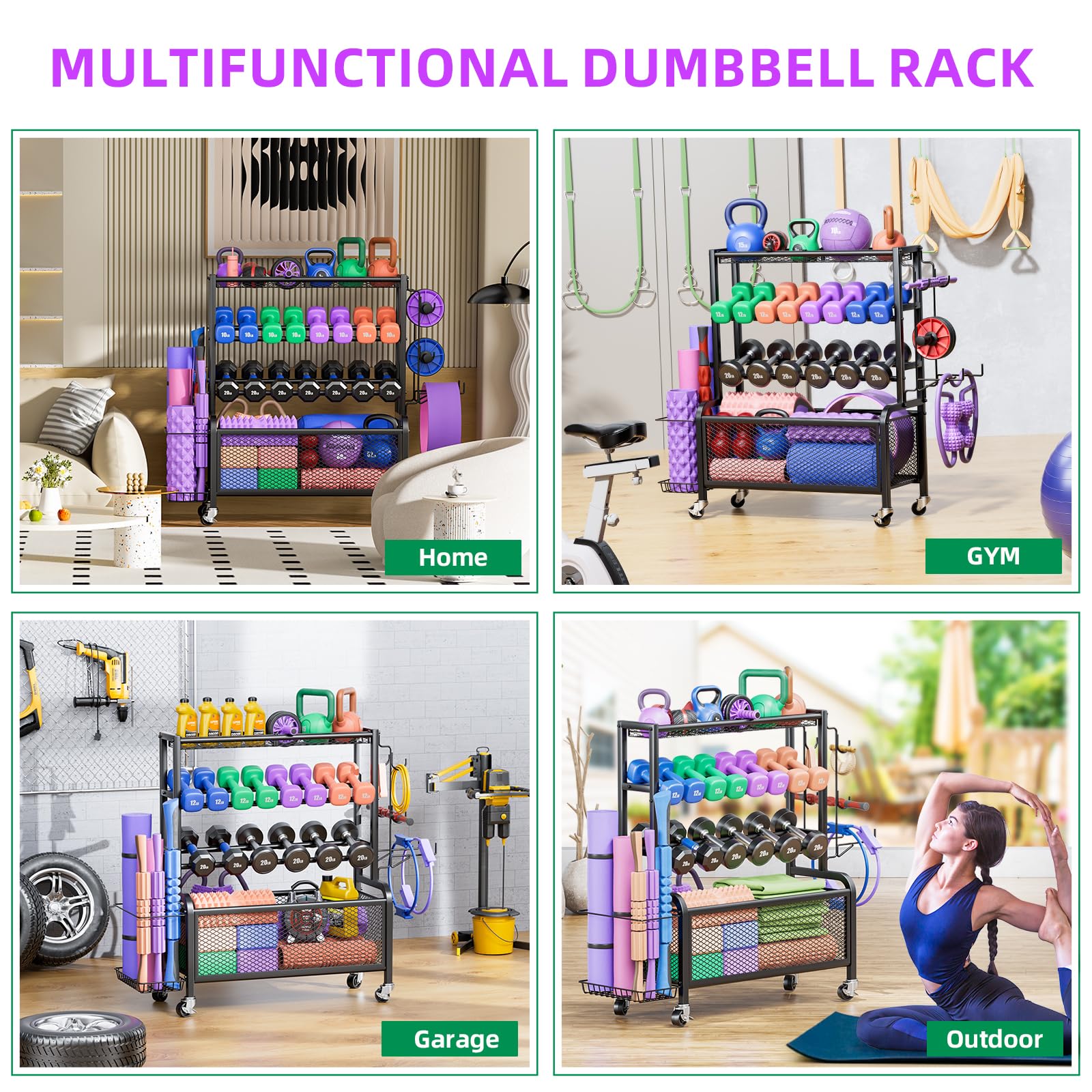 Dumbbell Rack with Wheels - All-in-One Home Gym Storage for Dumbbells, Kettlebells, Yoga Mats & Exercise Balls | Space-Saving Workout Equipment Organizer for Home & Garage Gym