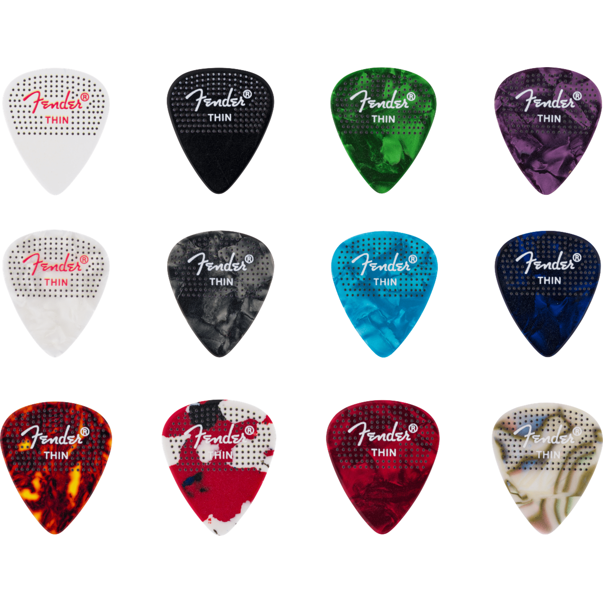 Fender 351 Dotted Celluloid Guitar Picks 12 Pack - Thin (0.46mm) for Acoustic & Electric Guitar - Perfect for Strumming, Picking & Fast Playing Styles