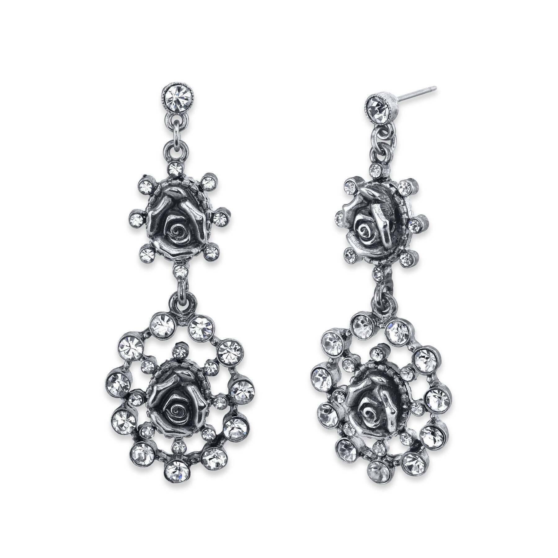 1928 Vintage Crystal Flower Double Drop Earrings for Women - Elegant Dangling Jewelry for Parties, Weddings & Special Occasions