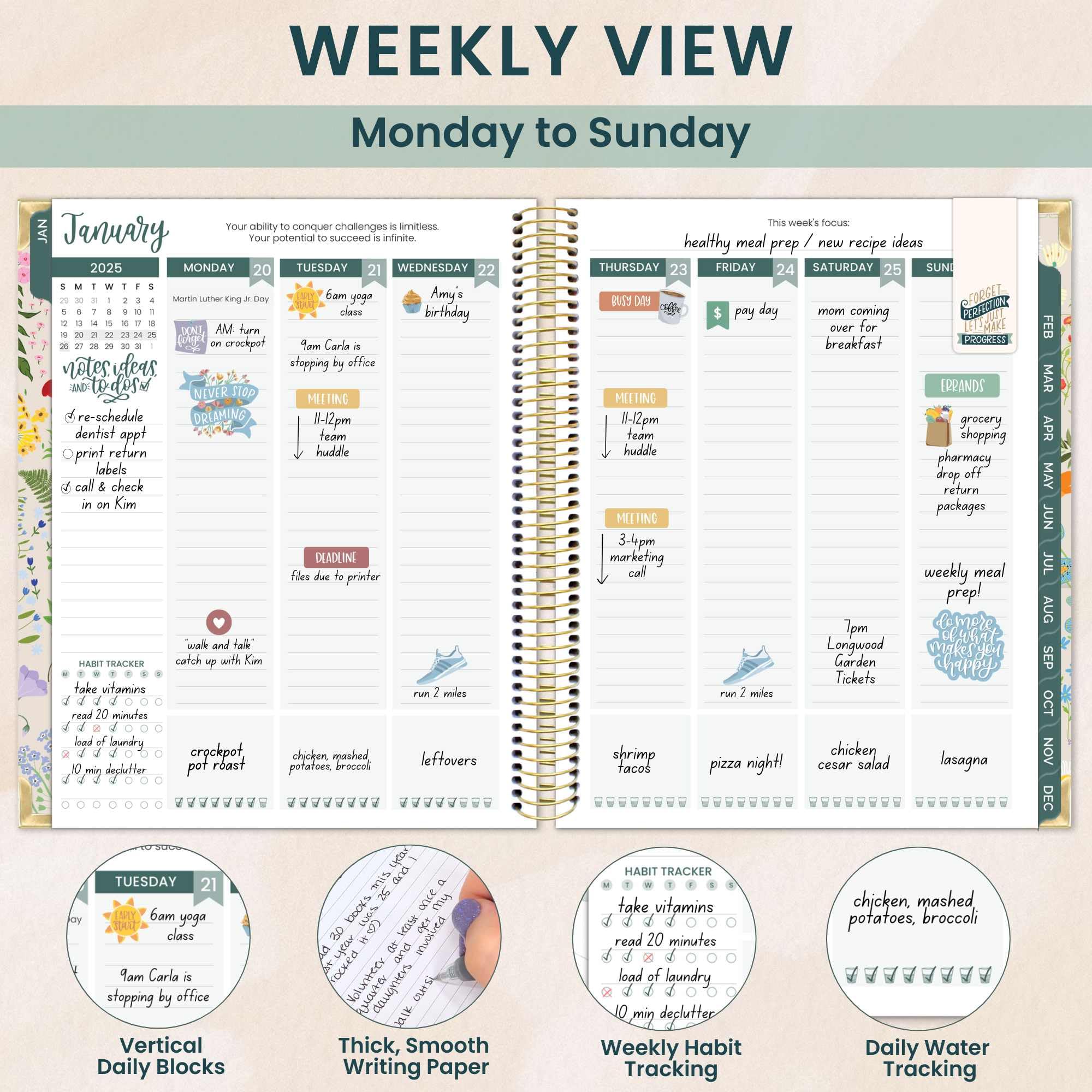 Bloom 2025 Daily Planner - Hardcover Goal & Vision Planner (Jan-Dec 2025) with Monthly/Weekly Views - 7.5