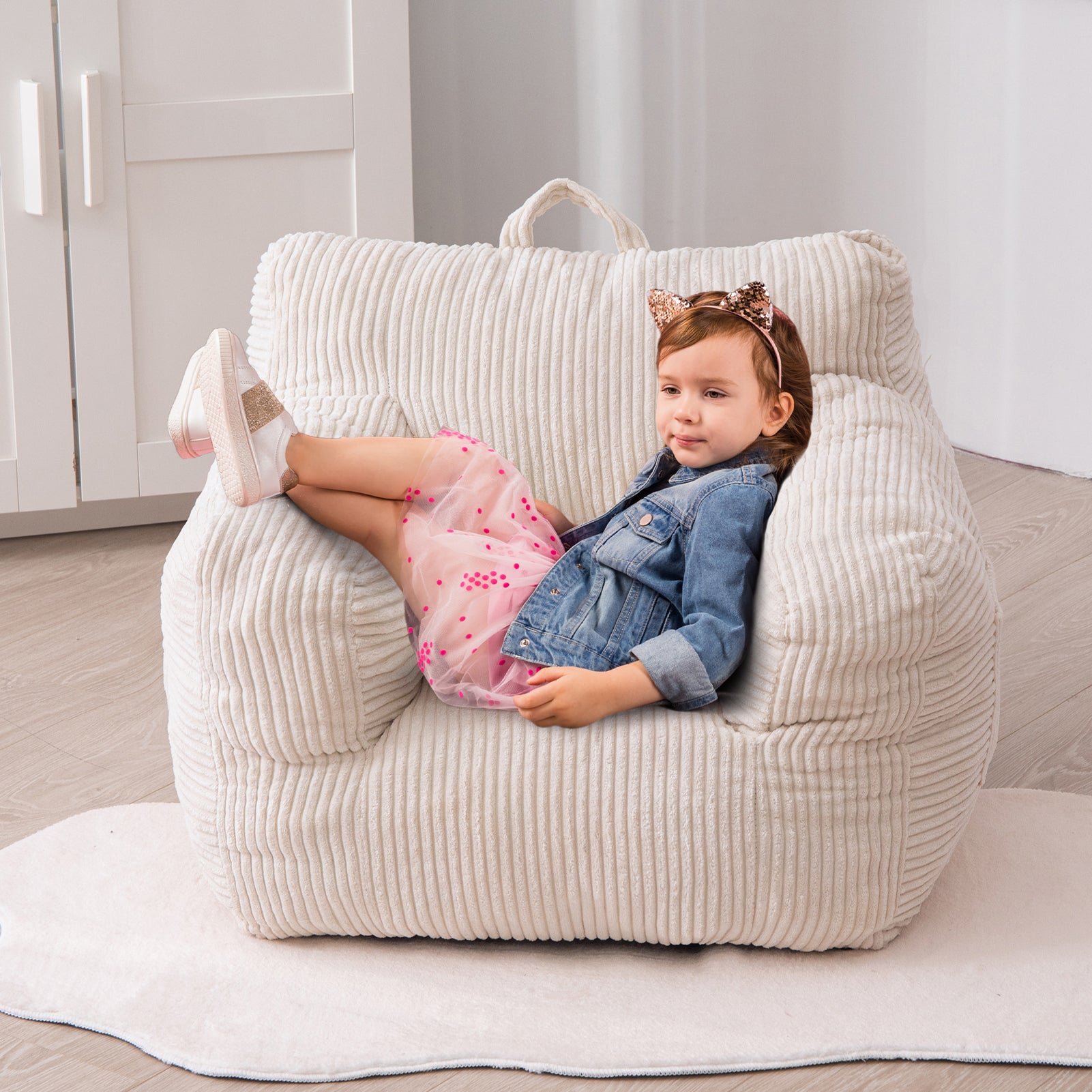 MAXYOYO Kids Bean Bag Chair - Soft Corduroy Bean Bag Couch with Armrests for Boys & Girls, Comfortable Seating for Bedroom, Playroom or Reading Nook (White) - Perfect for Relaxing, Gaming & Study Time