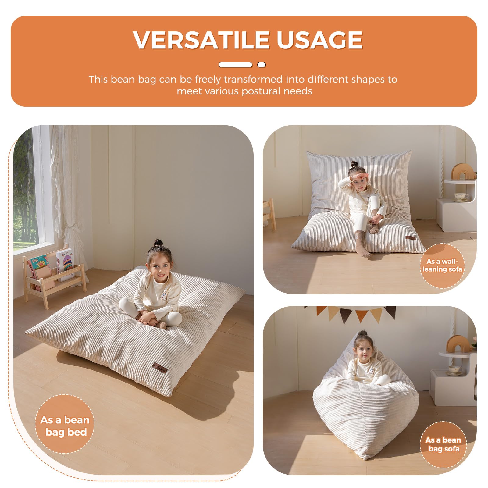 MAXYOYO 3-in-1 Convertible Kids Bean Bag Chair & Bed - Multi-Functional Floor Sofa for Children's Room, Gaming, Reading & Nap Time - Soft Beige Fabric for Comfort & Style