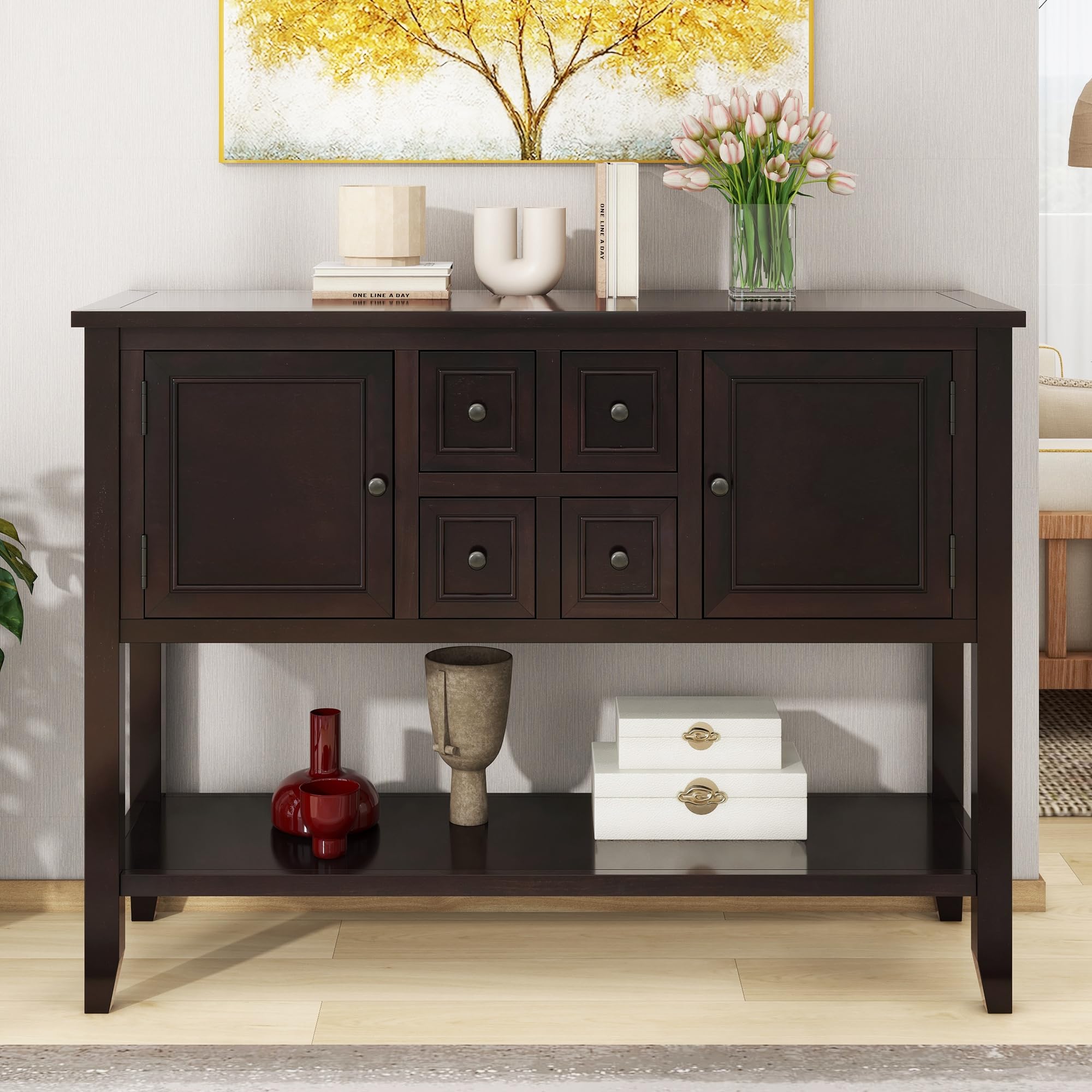 LZ LEISURE ZONE Retro Style Wooden Console Table with Storage Shelf & Drawers - Espresso Buffet Sideboard for Living Room, Kitchen, Entryway - Perfect for Home Decor, Hallway Storage & Small Space Organization