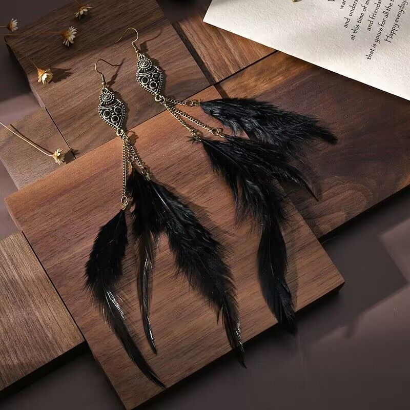 Vintage Chain Tassel Bohemian Feather Earrings for Women - Handmade Boho Chic Jewelry for Parties, Festivals & Everyday Wear