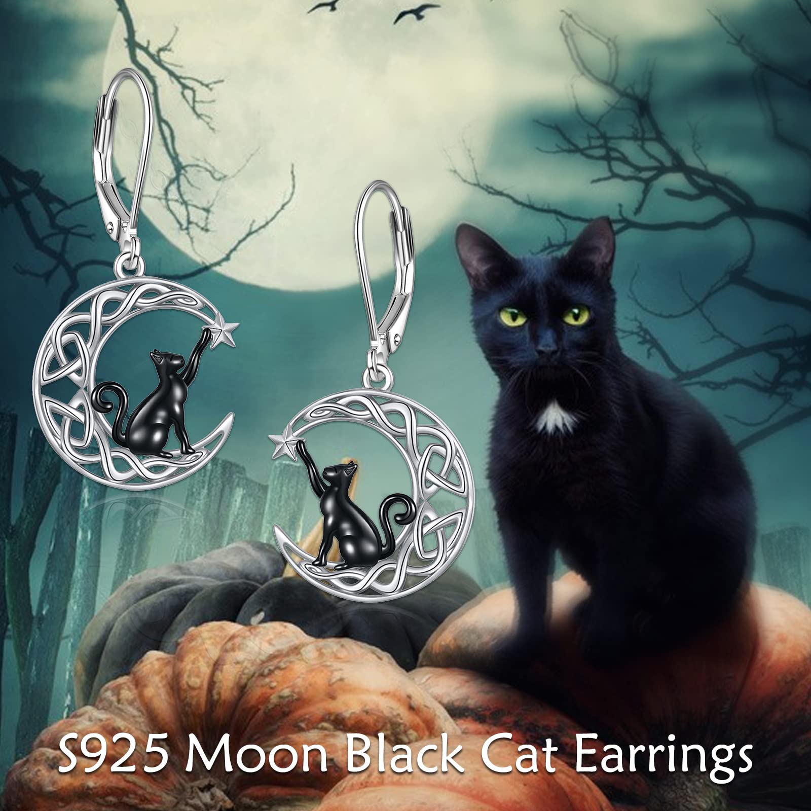 VONALA 925 Sterling Silver Celtic Moon Cat Leverback Earrings | Animal Jewelry for Women | Unique Birthday Gifts for Her | Perfect for Parties, Date Nights & Everyday Wear