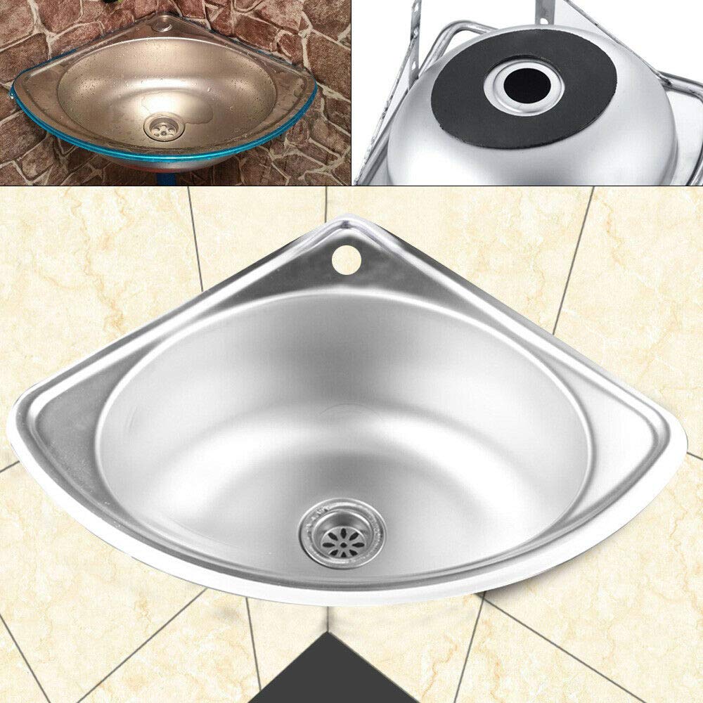 Stainless Steel Triangle Corner Bathroom Sink - Wall Mounted Single Bowl Vanity Vessel Sink with Strainer & Drain Pipe - Brushed Finish for Small Bathrooms & Powder Rooms