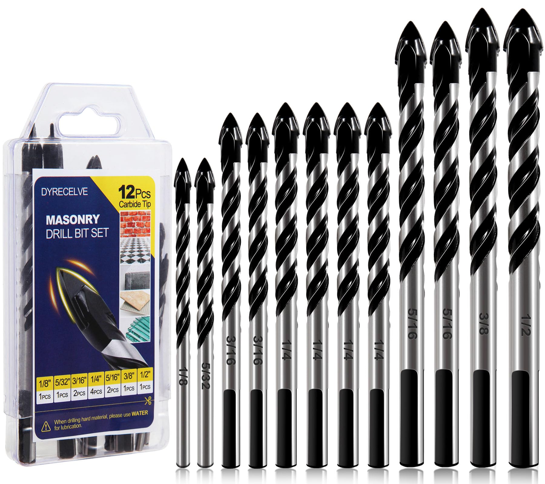12-Piece Masonry Drill Bit Set - Carbide Tipped Concrete Drill Bits 1/8