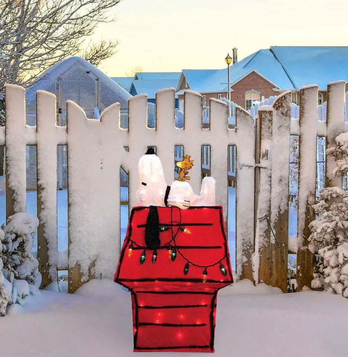 3D Lighted Soft Tinsel Snoopy on Dog House Sculpture - Christmas Decoration, Holiday Home Decor, Gift for Peanuts Fans, Bedroom & Living Room Accent