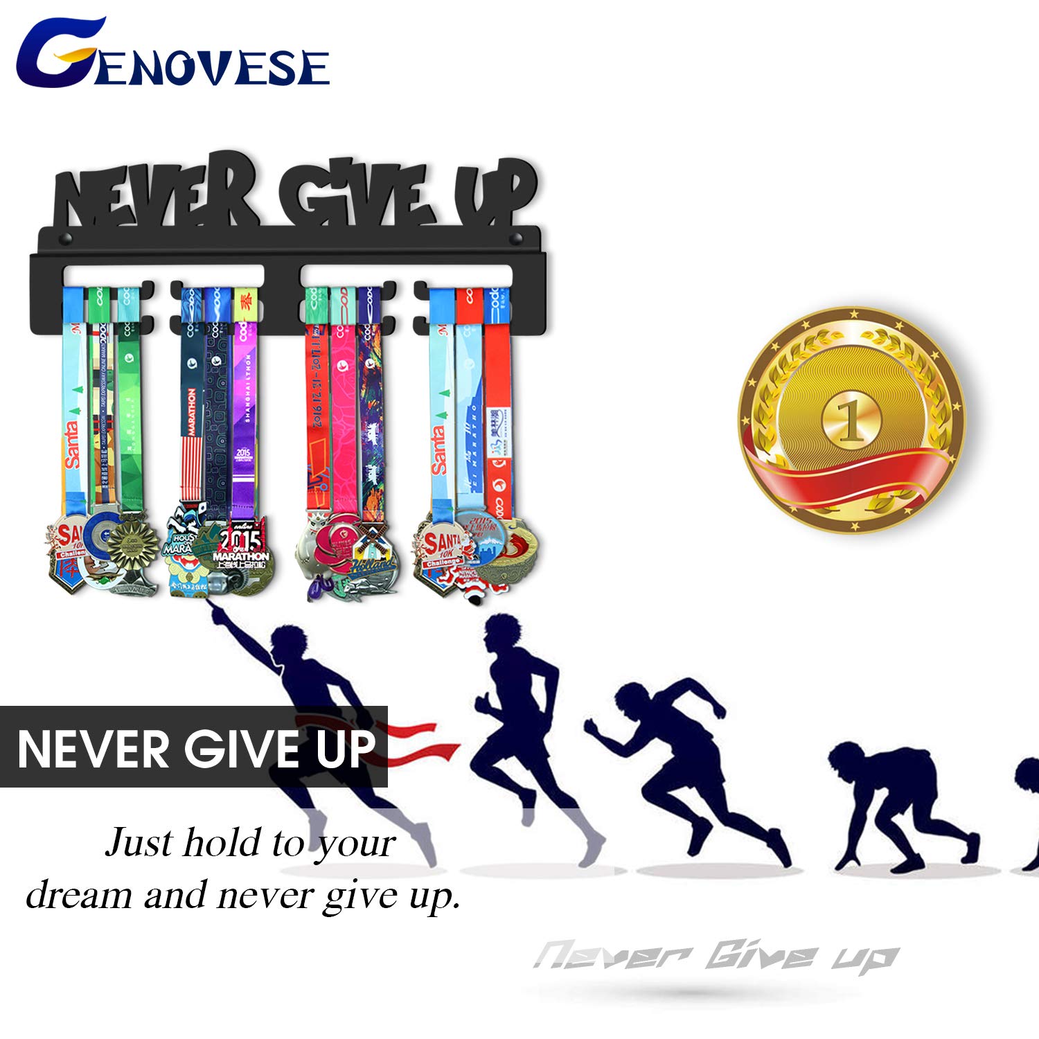 GENOVESE Never Give Up Medal Holder Display - Super Sturdy Black Steel Metal Wall Mounted Sports Medals Rack - Perfect for Showcasing Trophies in Home Gym, Kids Room or Sports Office