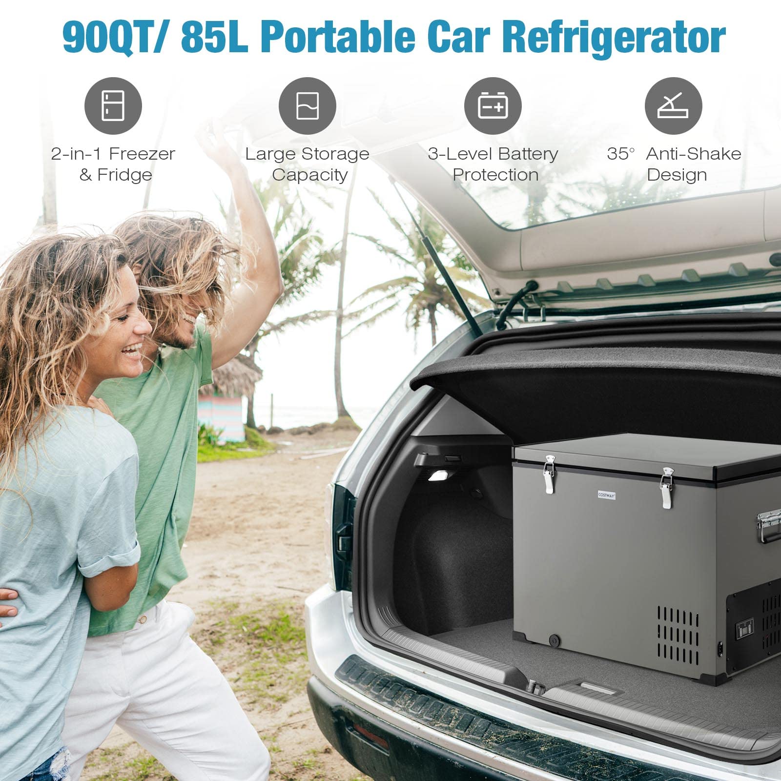 COSTWAY 90 Quart Portable Car Refrigerator & Freezer - 12/24V DC & 100-240V AC Compressor Cooler for Camping, Fishing, RV, Truck, Home Use (-11°F to 50°F) | Perfect for Road Trips, Tailgating & Outdoor Adventures