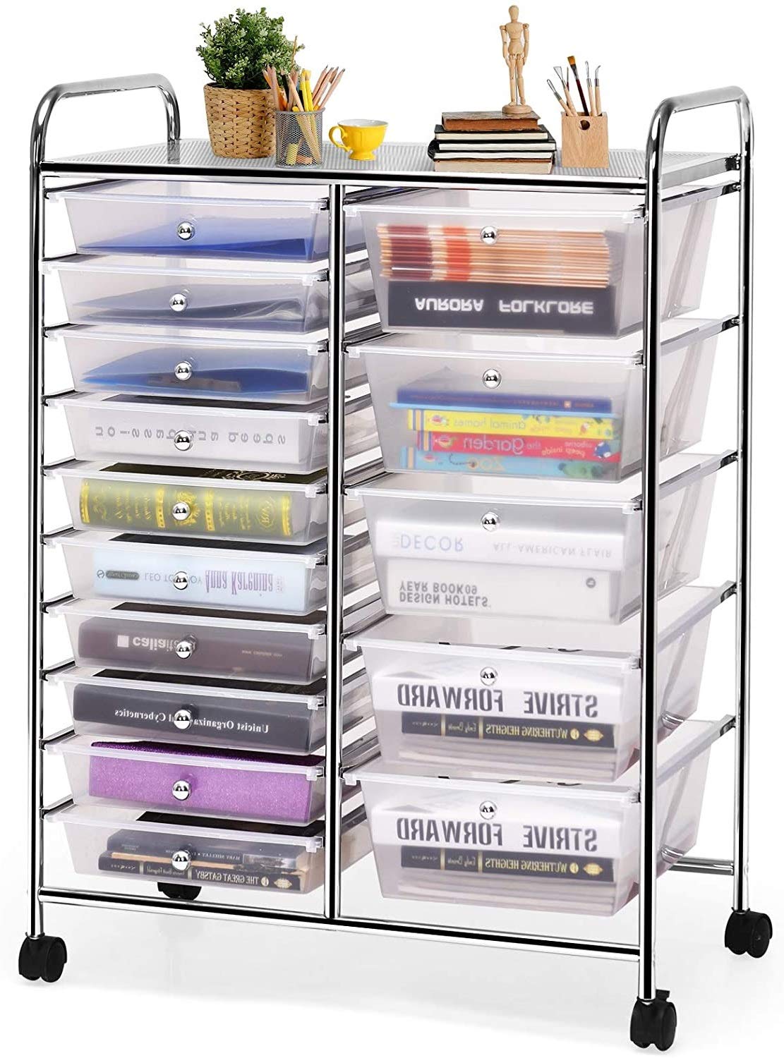 HAPPYGRILL 15-Drawer Rolling Storage Cart with Wheels - Organizer for Tools, Office, School & Craft Supplies - Portable Utility Cart for Home, Office & Classroom Organization