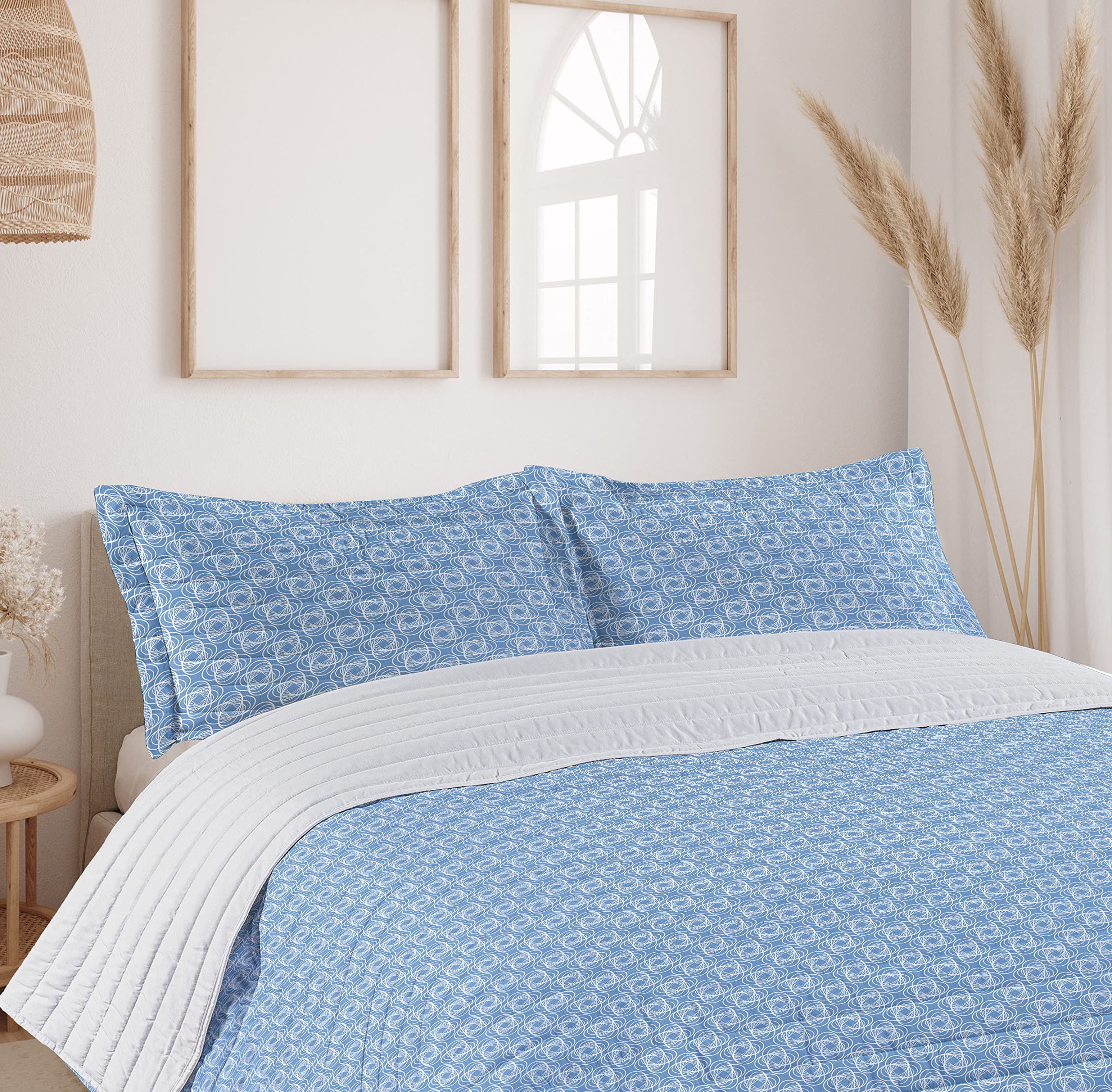 Ambesonne Mosaic Microfiber King Size Bedspread Set - Modern Abstract Monochrome Geometric Pattern with Matching Pillow Shams & Comforter in Soft Sky Blue and White - Perfect for Contemporary Bedroom Decor and Guest Room Styling