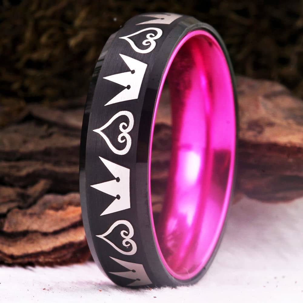 Kingdom Hearts & Crowns Design Tungsten Ring - 8mm Width, Red & Black Matte Finish with Beveled Edges - Cosplay Jewelry, Wedding Band - Free Custom Engraving - Perfect for Cosplay Events, Weddings & Gift Giving