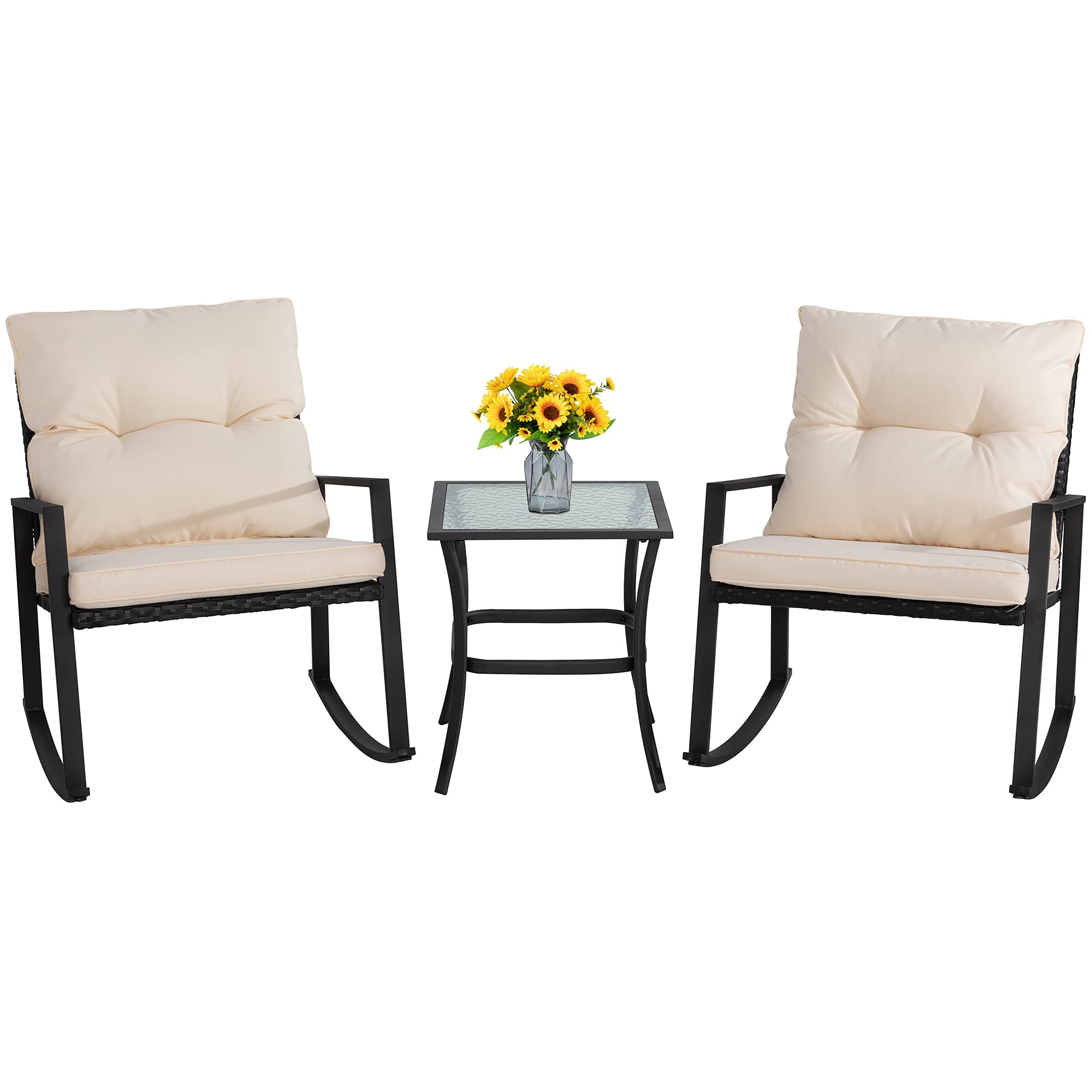 SUNLEI 3-Piece Outdoor Patio Furniture Set - Rattan Rocking Chairs & Wicker Coffee Table Conversation Set (Beige) for Garden, Balcony, Backyard & Poolside Relaxation