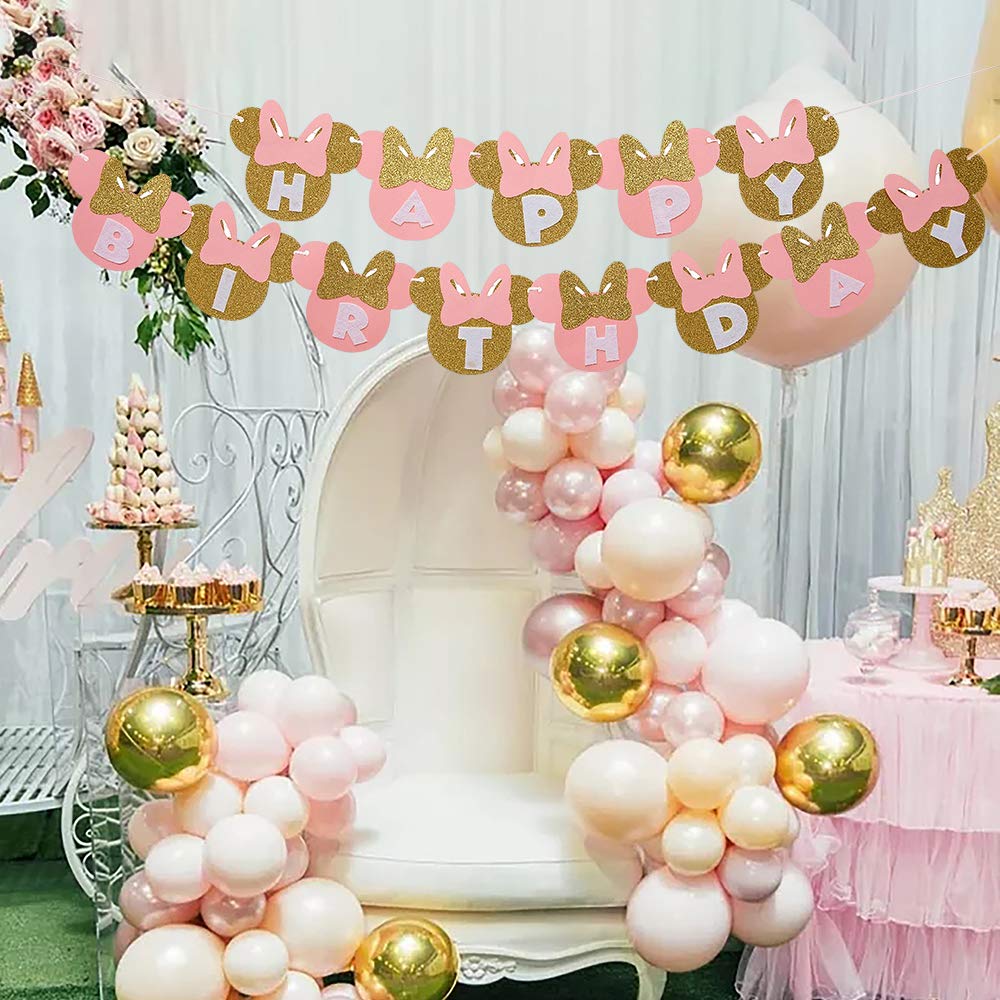 Pink and Gold Minnie Mouse Birthday Banner - Minnie Mouse Party Decorations, Happy Birthday Banner for Girls, Baby Shower & Birthday Party Supplies - Perfect for Disney Themed Parties, Kids Room Decor, and Special Celebrations
