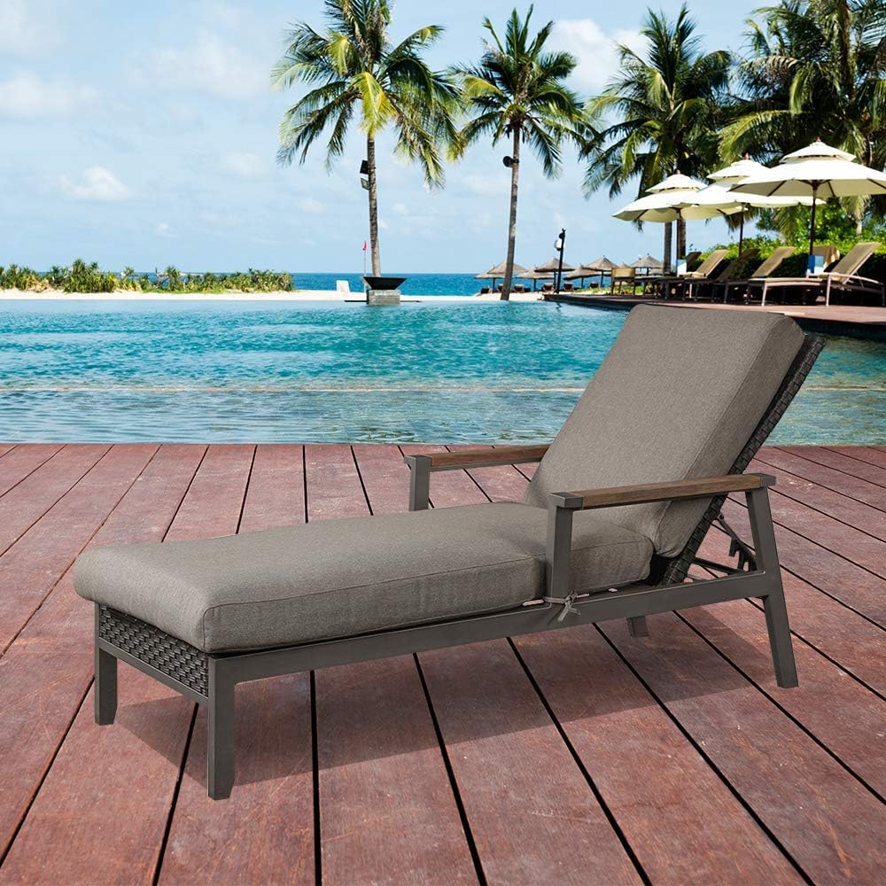 LOKATSE HOME Adjustable Patio Chaise Lounge Chair - Steel Frame Wicker Sun Lounger with Thick Cushion, Grey - Perfect for Poolside, Backyard, Beach & Outdoor Relaxation