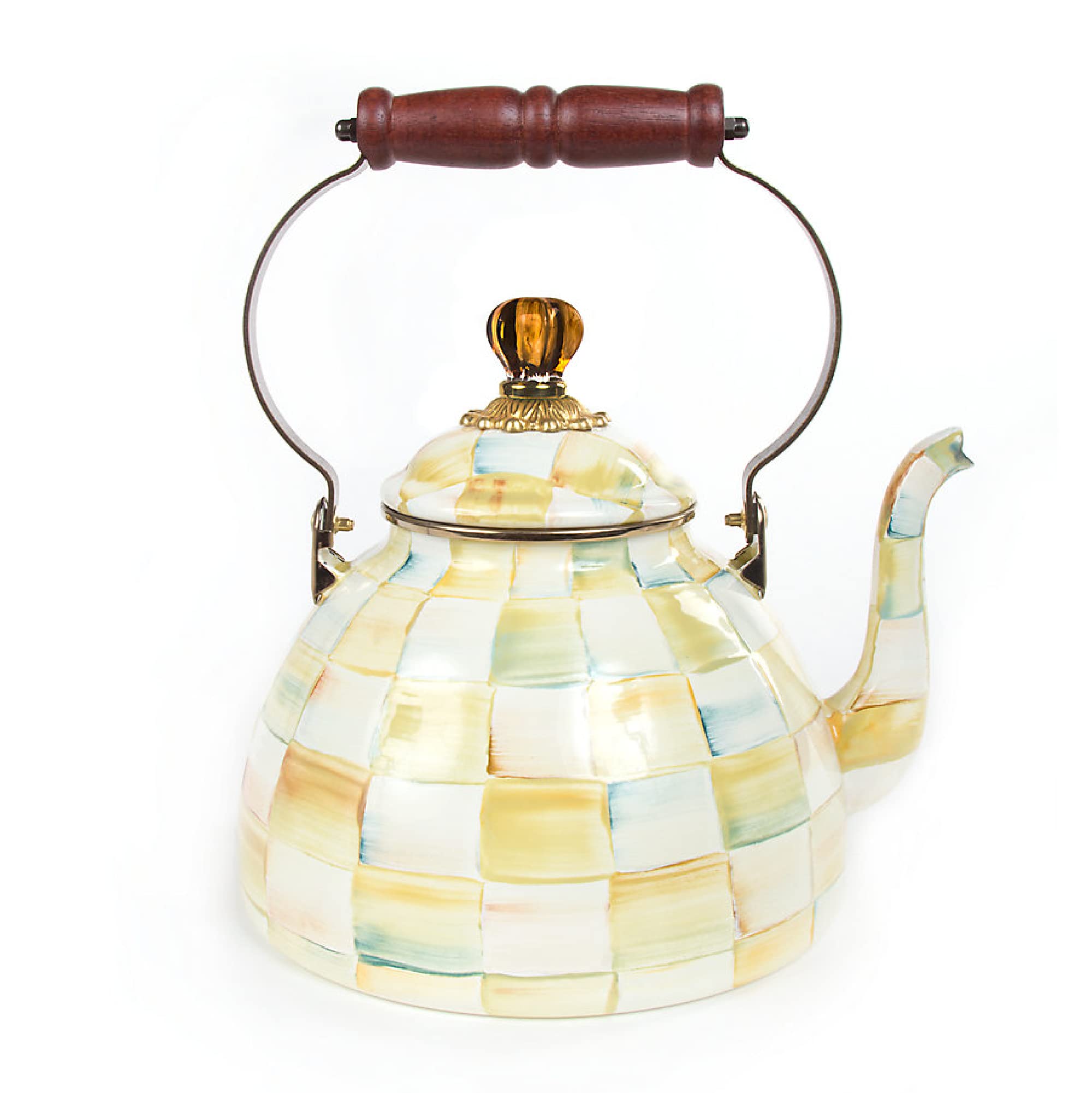 MacKenzie-Childs Parchment Check Enamel Tea Kettle - 2 Quart Vintage Style Stovetop Kettle for Tea Lovers, Kitchen Decor & Gift Idea - Perfect for Home, Office & Afternoon Tea Parties