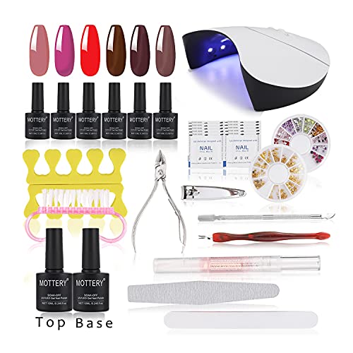 36W UV LED Nail Dryer Lamp with 6 Gel Nail Polish Kit - Soak Off Base & Top Coat, Red Blue Nude Colors - Professional Salon Manicure Set for Home & Party Nail Art