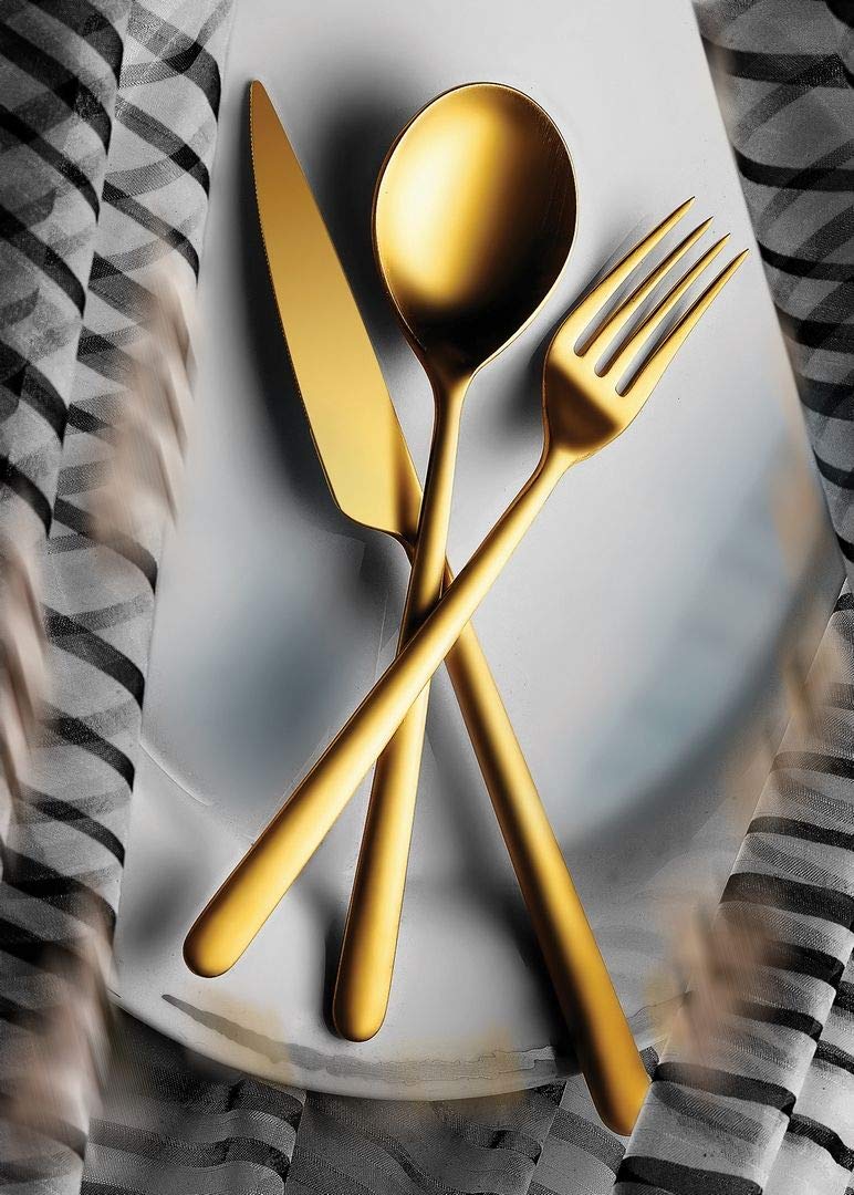 MEPRA Linea 113-Piece Gold Flatware Set - Elegant Silver Tableware, Dishwasher Safe Cutlery Set for 12 People, Perfect for Weddings, Dinner Parties & Holiday Gatherings - Model 108922113S