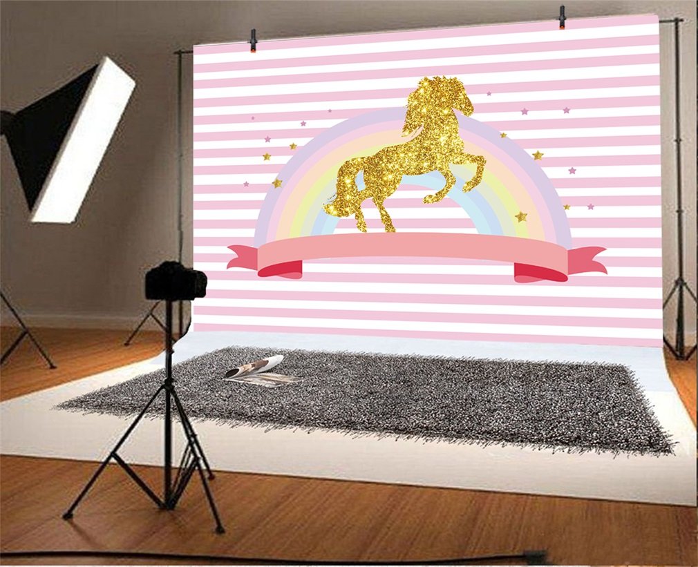 Leyiyi 5x3ft Golden Unicorn Star Rainbow Ribbon Photography Backdrop - Perfect for Baby Showers, Girls Birthday Parties, Banquet Decor & Studio Photo Shoots | Vinyl Portrait Background for Home Interior & Video Props