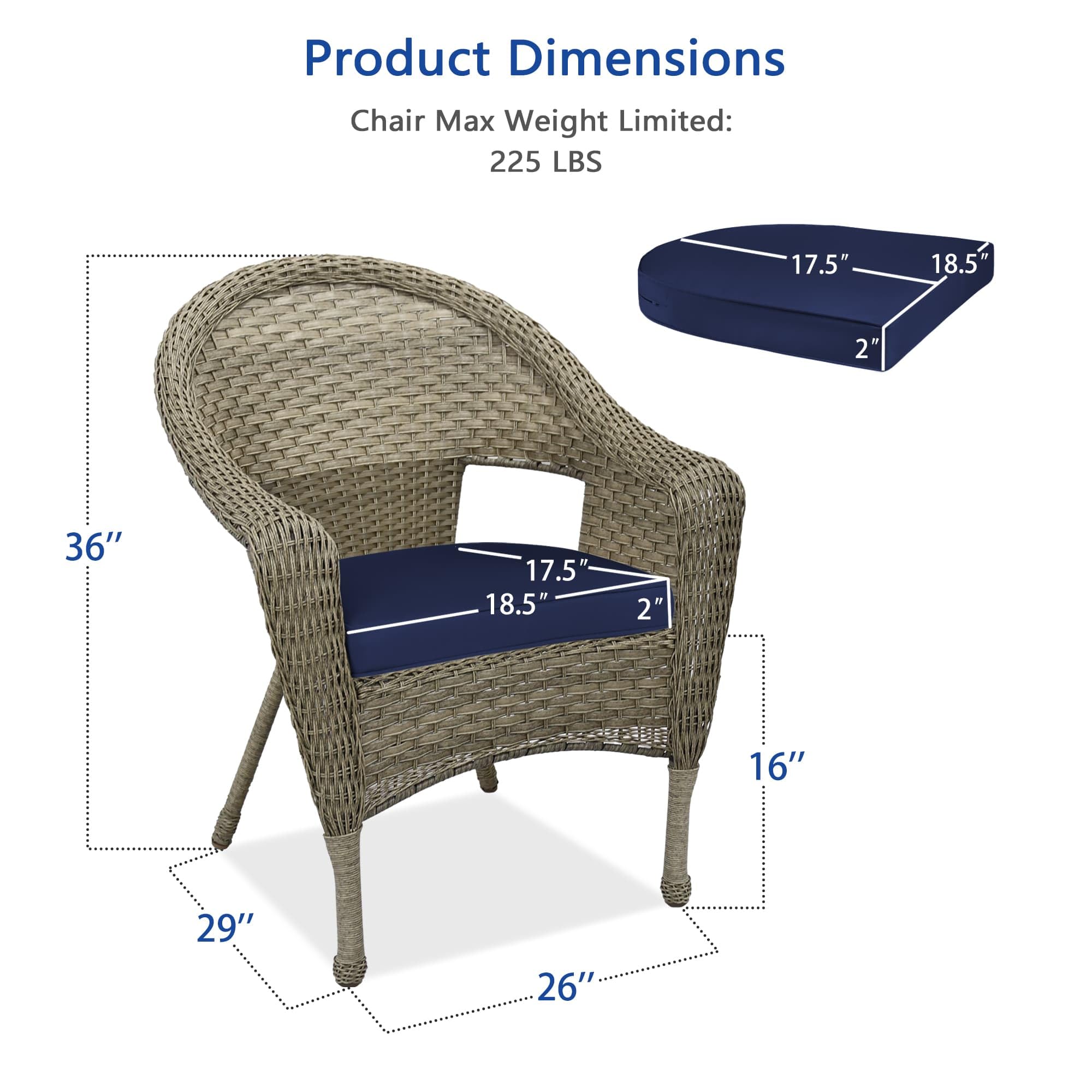 Jeco W00402G_2-FS011 Set of 2 Outdoor Resin Wicker Patio Chairs with Grey Frame & Midnight Blue Cushions - Perfect for Poolside, Garden, or Balcony Relaxation