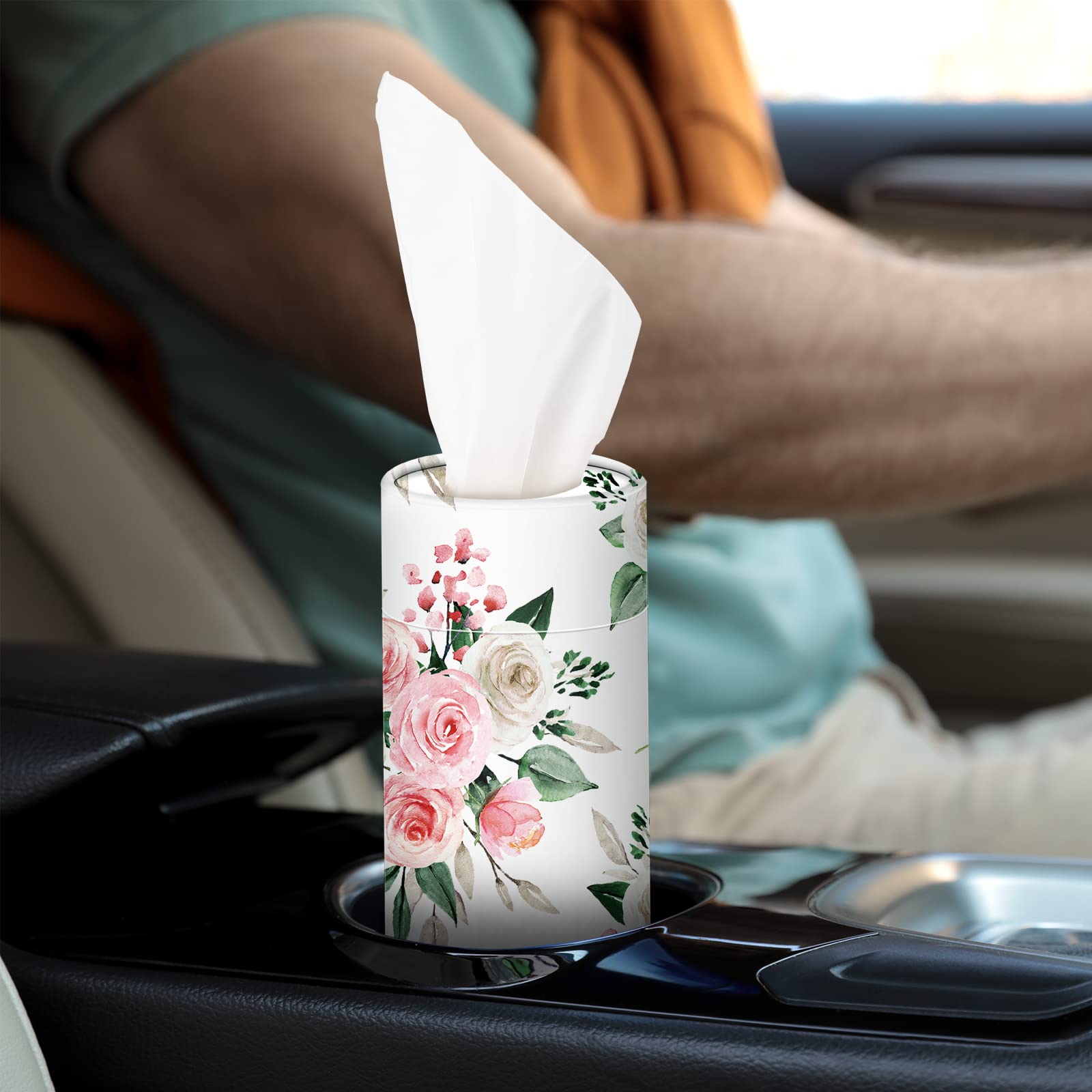 16-Pack Floral Car Tissue Holder Cylinders - Round Cup Holder for Facial Tissues | Bulk Travel Napkin Box Containers | Perfect for Car, Office & Home Use