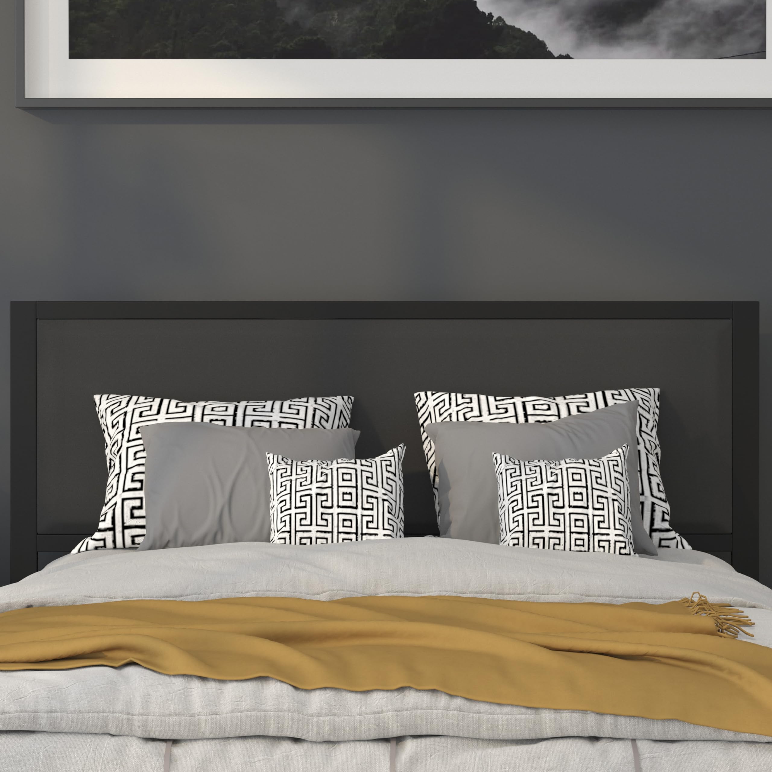 EMMA + OLIVER Queen Size Upholstered Fabric Headboard with Metal Frame - Black Bed Headboard for Master Bedroom, Attaches to Standard Bed Frames - Perfect for Modern & Contemporary Bedroom Decor