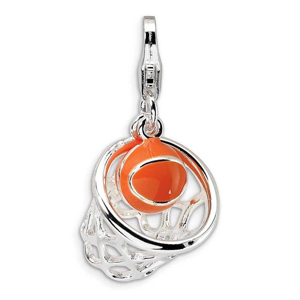 Jewels By Lux Sterling Silver 3D Enamel Basketball Charm Pendant with Lobster Clasp - Perfect for Necklaces, Bracelets & Sports Fan Jewelry Gifts