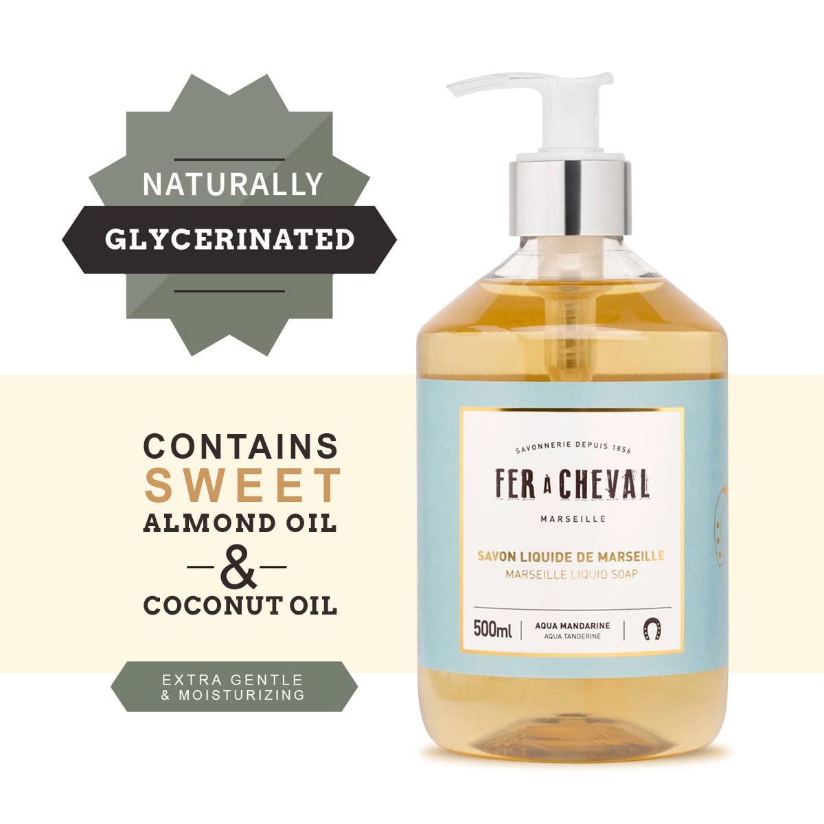 Fer a Cheval Marseille Liquid Soap - Aqua Tangerine Scent (500ml) | Natural Hand & Body Wash for Sensitive Skin | Perfect for Bathroom, Kitchen & Travel Use