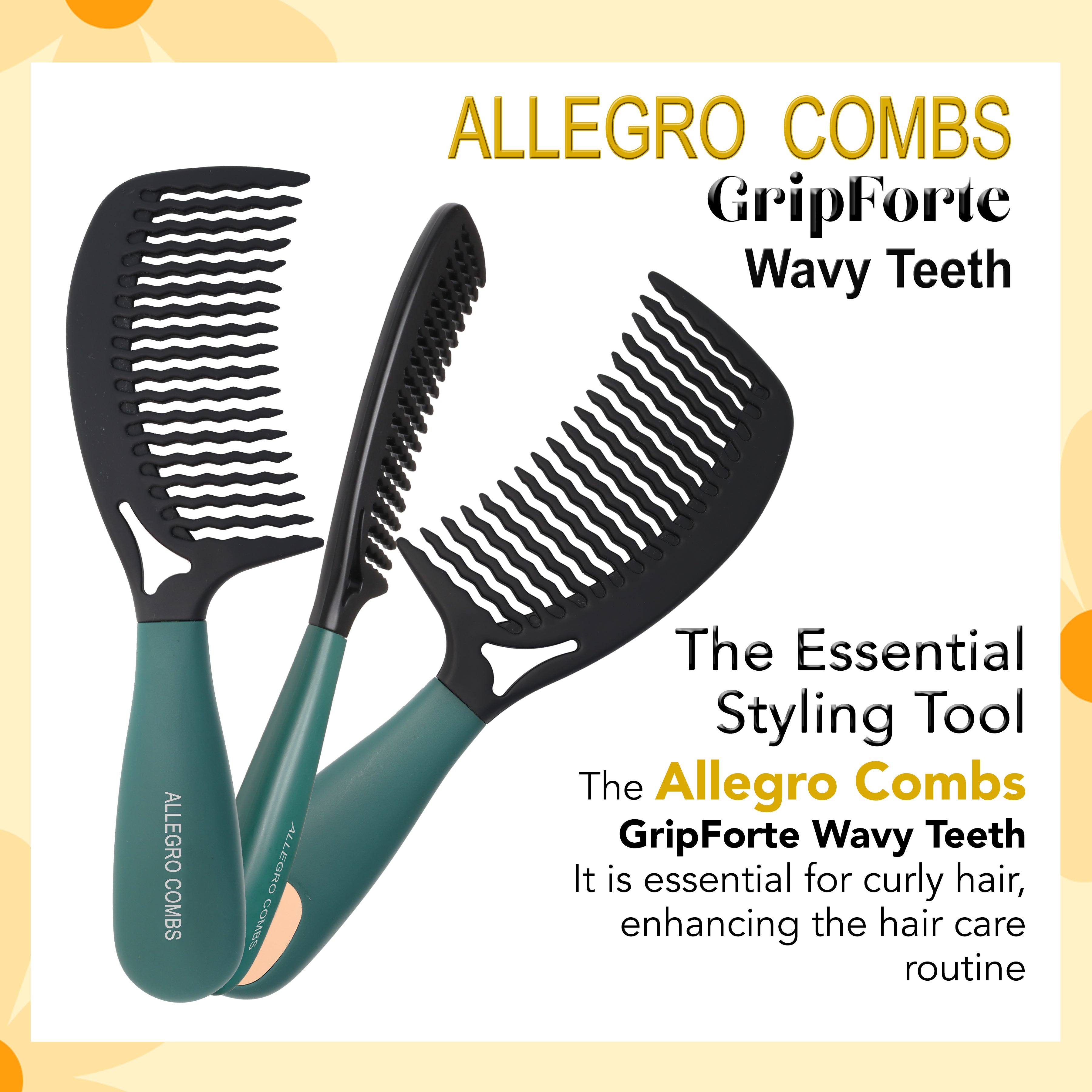 Allegro Combs Gripforte Wide Tooth Comb for Curly Hair - Detangling Hair Brush for Thick, Wavy & Natural Curls - Perfect for Salon, Home & Travel Use