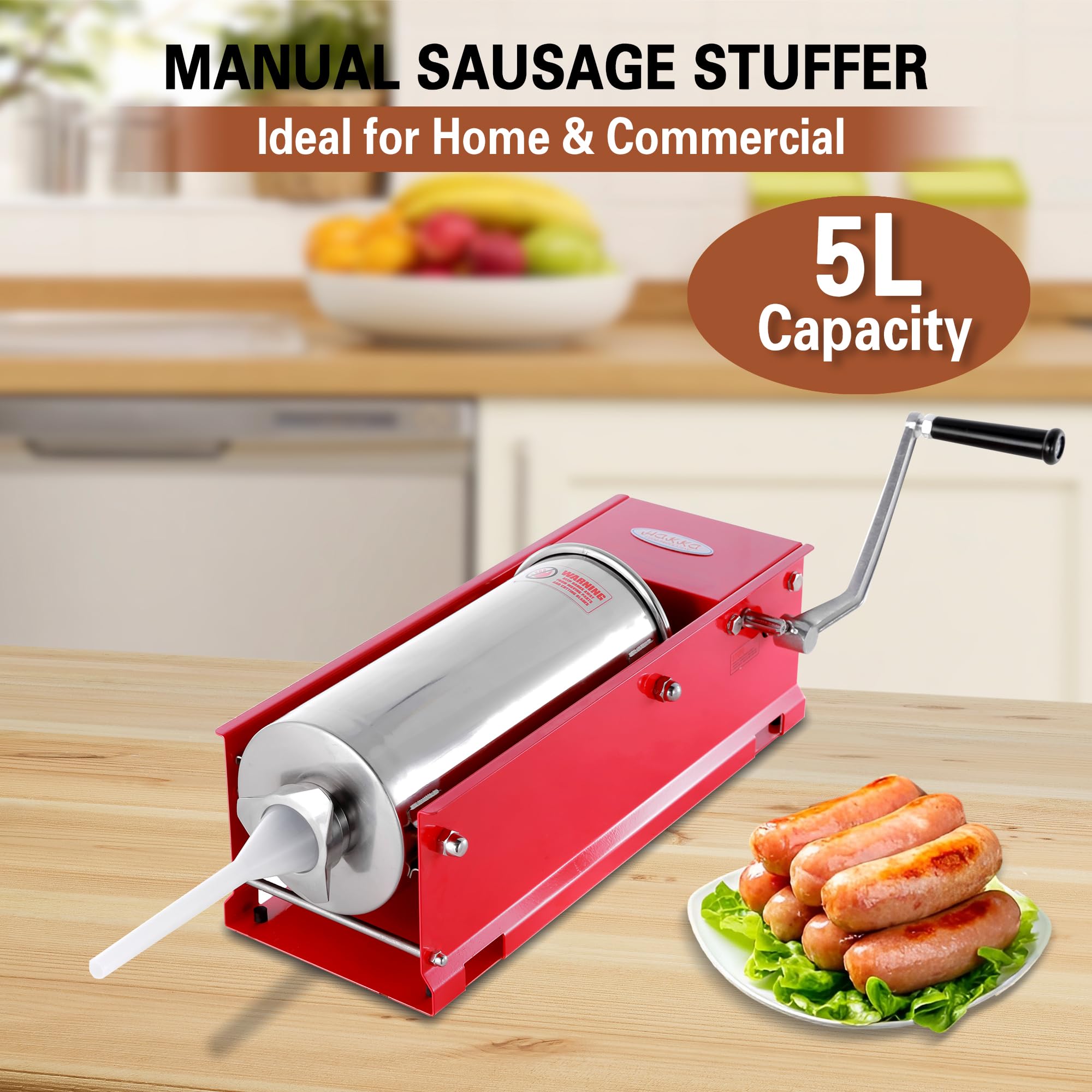 11 Lbs (5 Liter) Hakka 2-Speed Horizontal Sausage Stuffer - Heavy Duty Steel Sausage Maker for Home Kitchen & Commercial Use - Perfect for Making Italian, German, and Breakfast Sausages