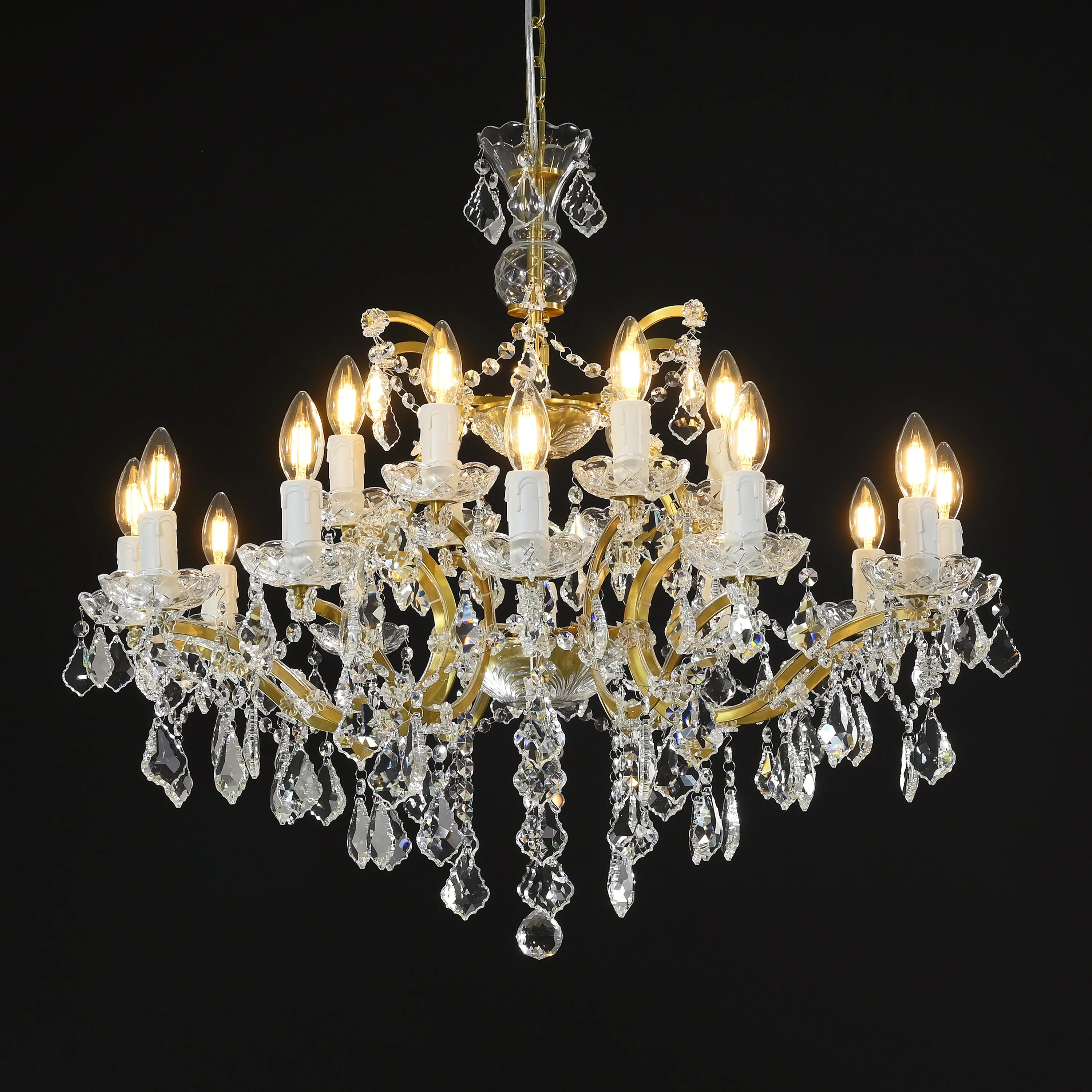 19th Century Rococo Style Iron and Crystal Round Chandelier - 33 Inch Antique Lighting Fixture for Dining Room, Foyer, or Ballroom Decor