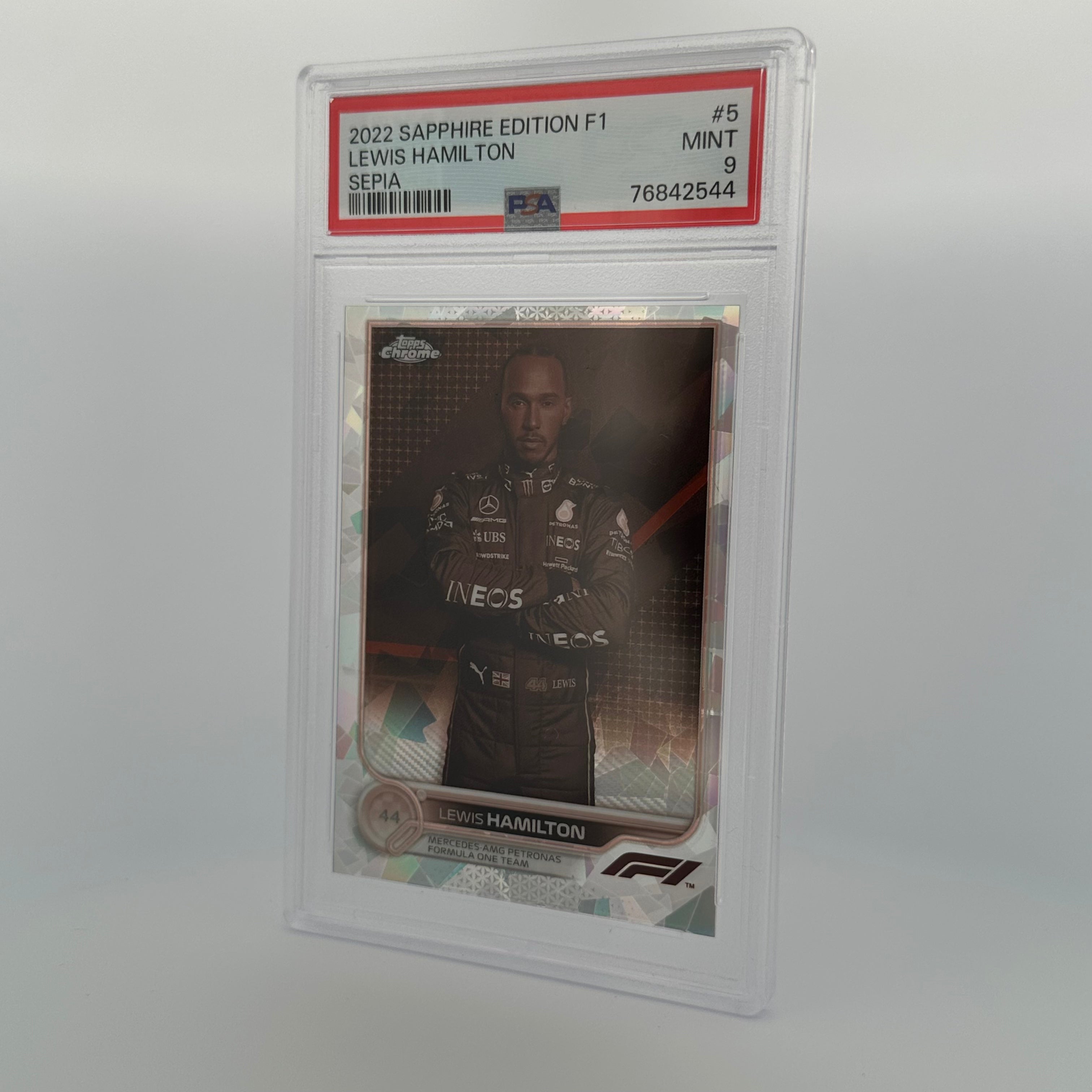PSA 9 Lewis Hamilton #5 Sapphire Edition Sepia Trading Card 084/100 - Rare Collectible for F1 Memorabilia Fans & Sports Card Investors