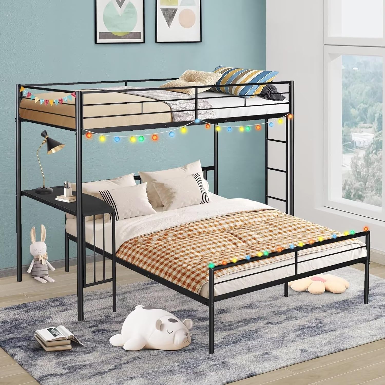 Twin Over Full Metal L-Shaped Bunk Bed with Desk - Space Saving Convertible Bunk Bed Frame for Kids & Teens | Guardrail & Ladder Included | Noise-Free Black Finish | Converts to Twin Loft Bed or Full Platform Bed | Perfect for Small Bedrooms, Dorm Rooms & Shared Kids' Spaces