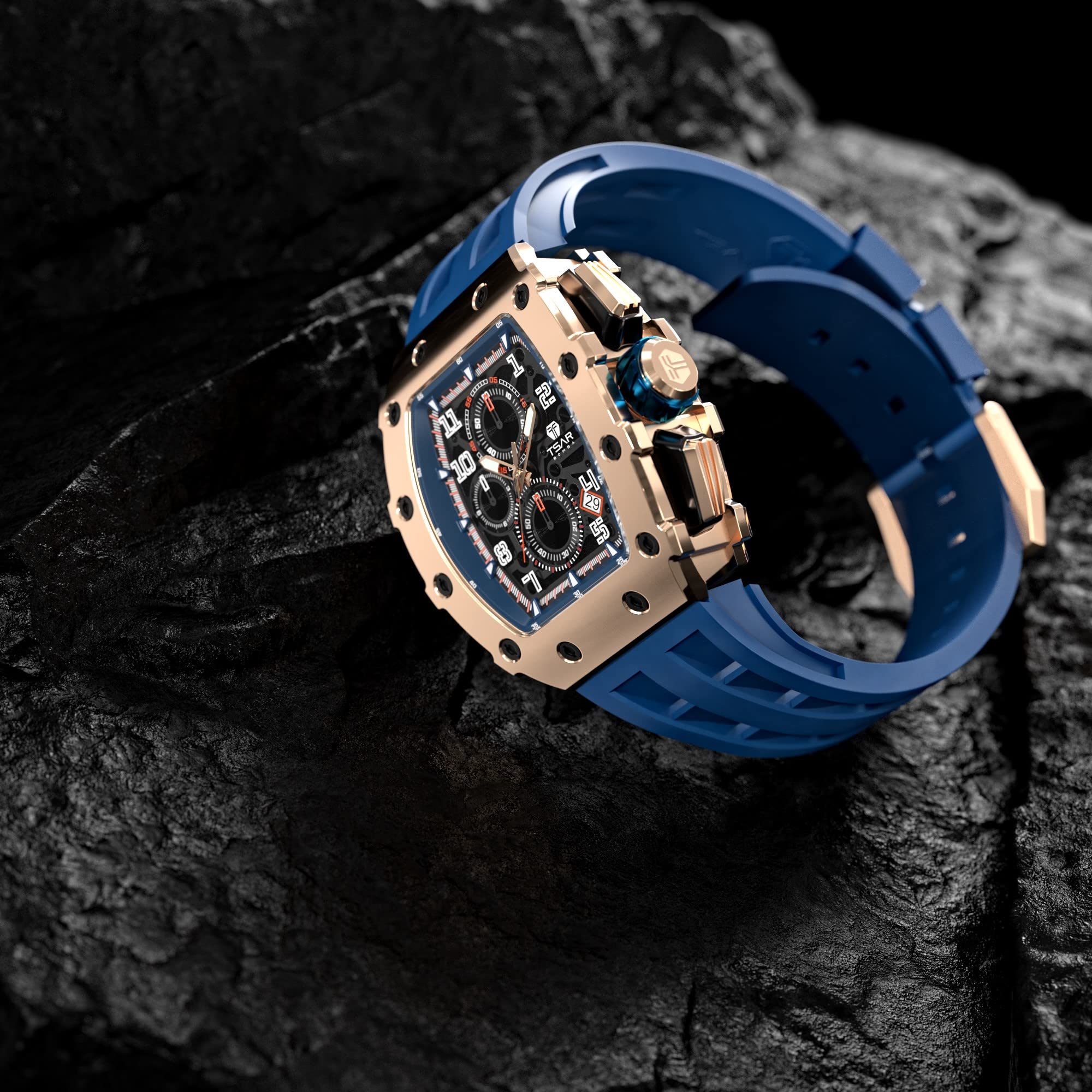 TSAR BOMBA Luxury Men's Watch - 50M Waterproof Tonneau Chronograph with Japanese Quartz Movement & Silicone Band - Perfect for Business, Casual Wear & Gifts for Men