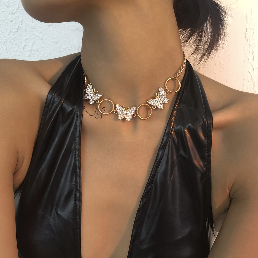 Sparkly Butterfly Crystal Choker Necklace - Gold Iced Collar Chain Circle Link Fashion Jewelry for Women | Perfect for Parties, Weddings & Date Nights