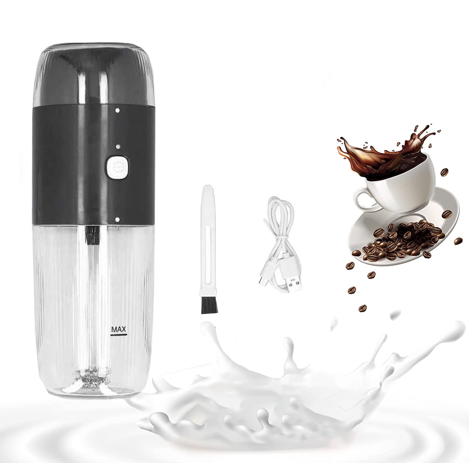 Premium Electric Coffee Grinder & Milk Frother 2-in-1 - Portable USB Rechargeable Multifunction Coffee Maker with Brush for Espresso, Latte, Hot Chocolate - Perfect for Home, Office & Travel (Black)