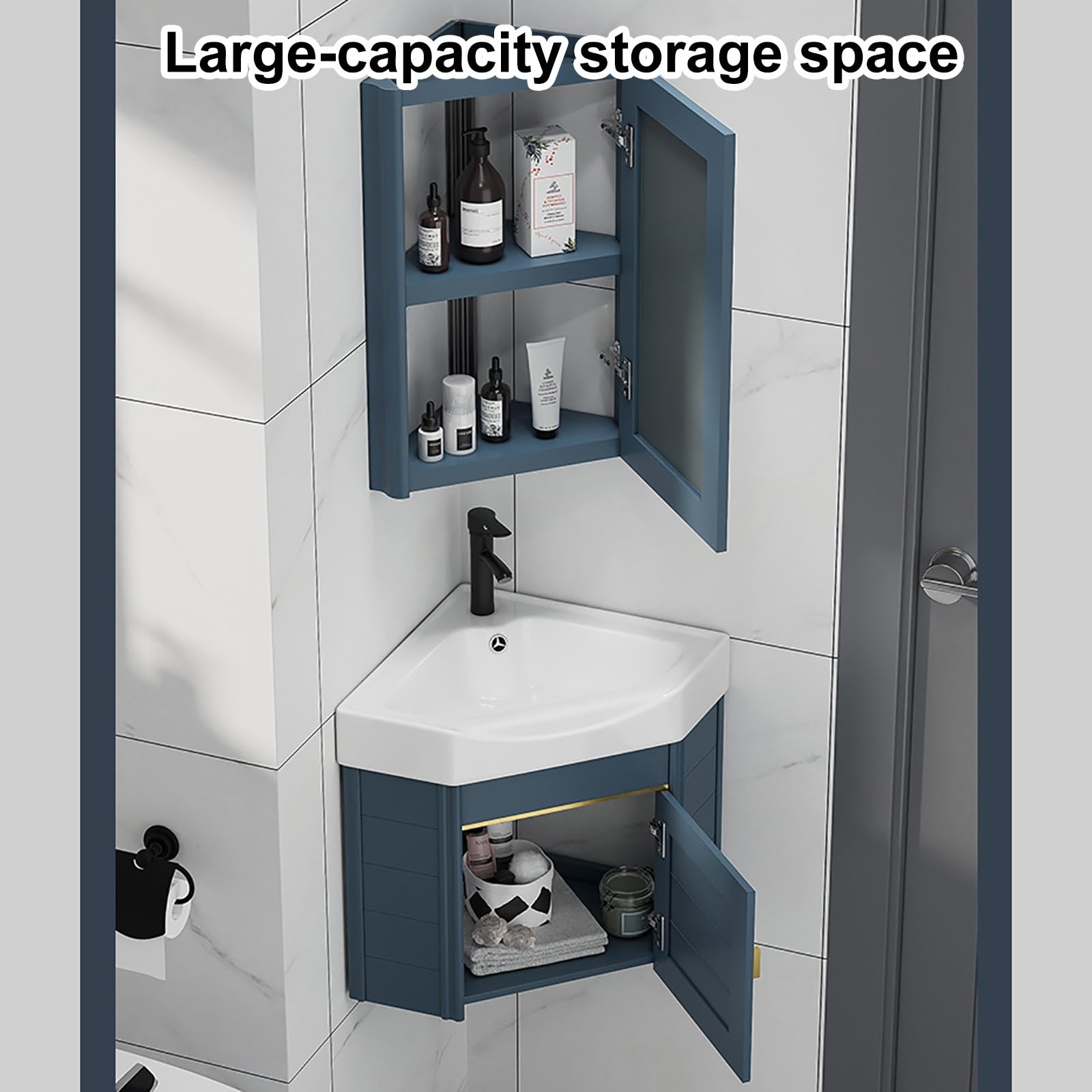Wall Mounted Corner Bathroom Vanity Sink Cabinet with Mirror & Storage - 19 Inch Space Saving Design for Small Bathrooms, Powder Rooms & Apartments