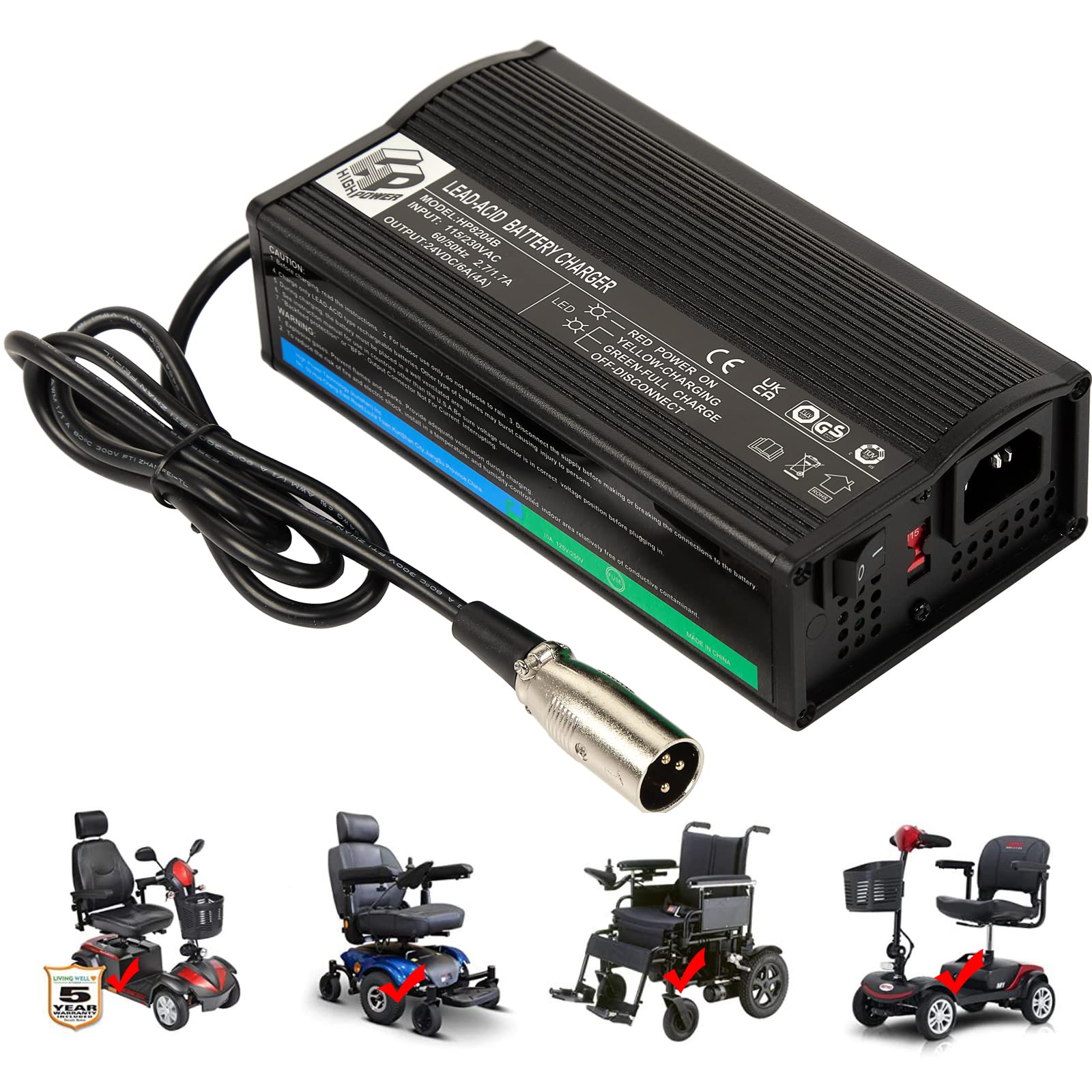 24V 4.0A XLR HP8204B Lead-Acid Battery Charger for Electric Wheelchairs & Mobility Scooters - Fast Charging, Safe & Reliable Power Solution for Home & Outdoor Use