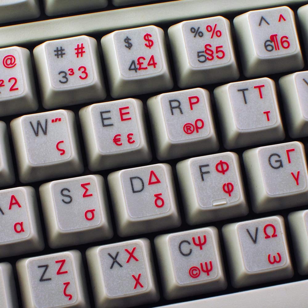 Greek Keyboard Labels with Red Lettering - Transparent Background Stickers for Laptop & PC - Perfect for Typing in Greek Language (Office, School, Travel)