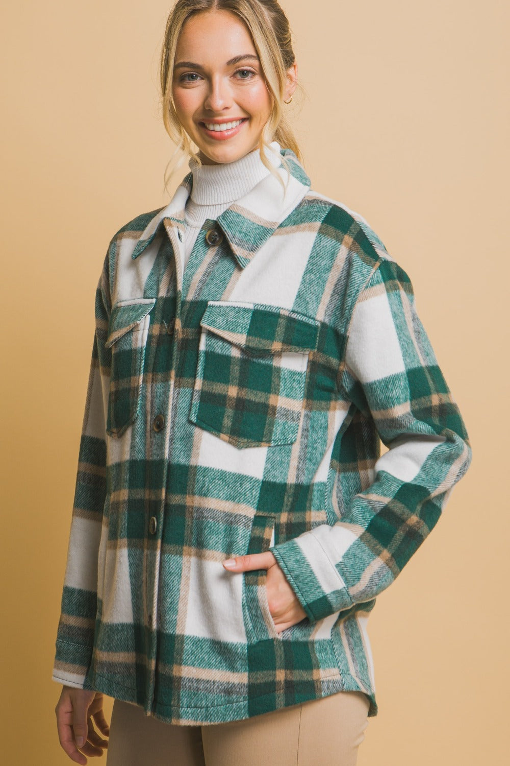 Love Tree Plaid Button-Up Shacket for Women - Cozy Fall & Winter Layering, Casual Outfits, Outdoor Adventures