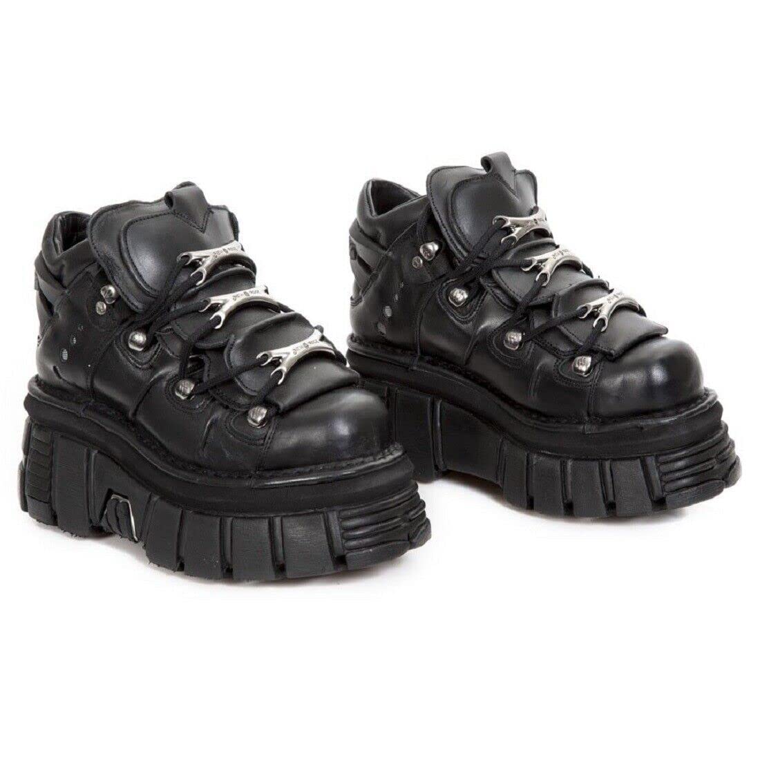New Rock 106 S29 Unisex Gothic Punk Ankle Boots - Black Metallic Platform Shoes for Men & Women | Perfect for Concerts, Nightclubs & Alternative Fashion
