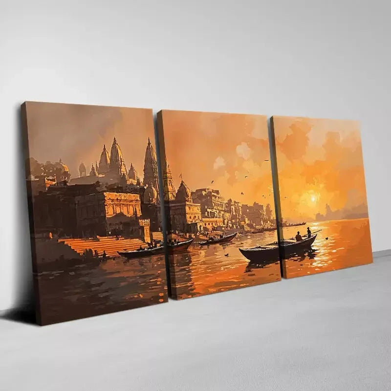 3-Piece Charming Sunset and Harbor Boats Canvas Art Set - 50x70cm Framed Wall Decor | High Quality Australian Made Print | Ready to Hang | Perfect for Living Room, Bedroom & Office Decor