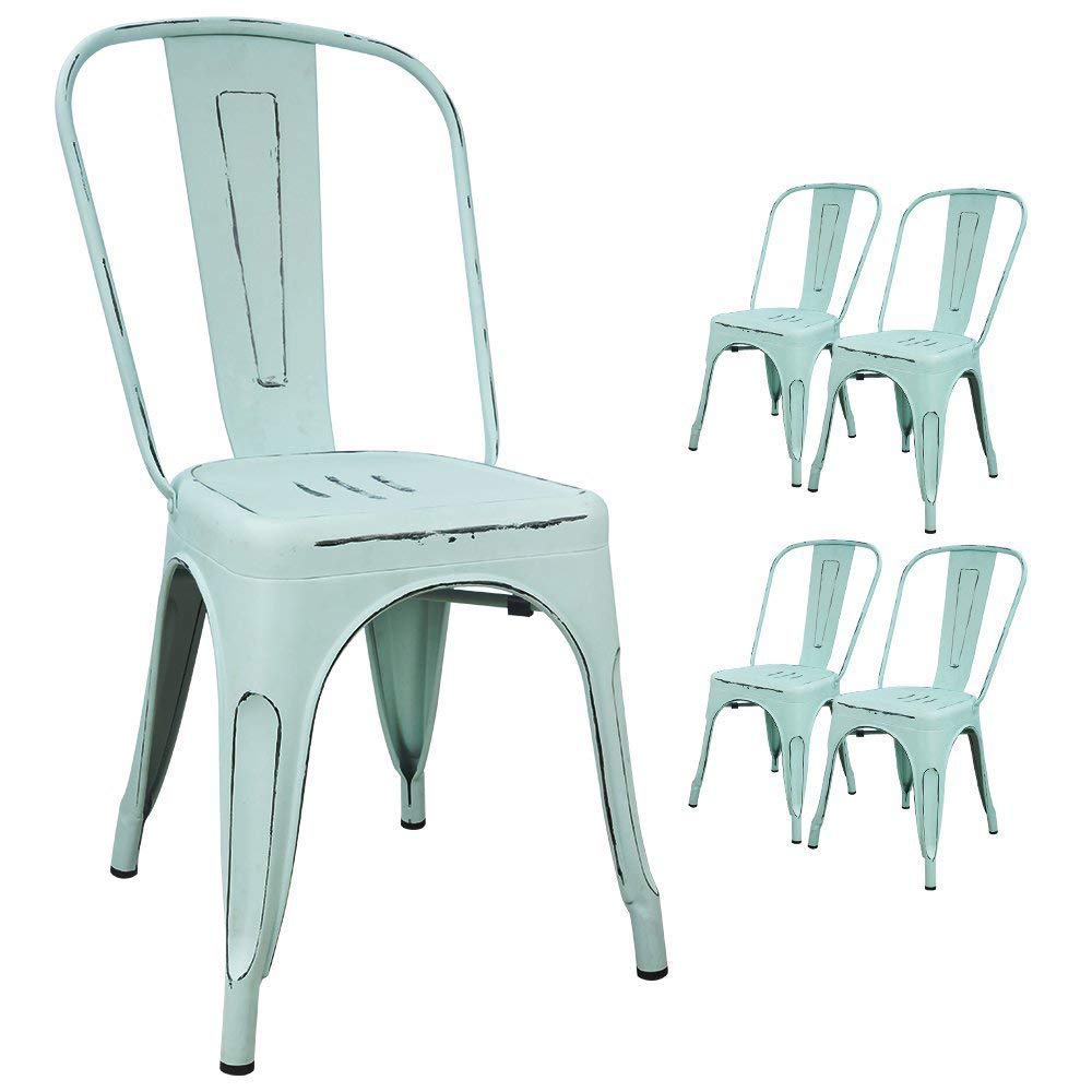 **Distressed Blue Metal Stackable Dining Chairs Set of 4 - Indoor & Outdoor Kitchen, Patio, Restaurant & Cafe Use - Rustic Farmhouse Style Side Chairs with Back Support**