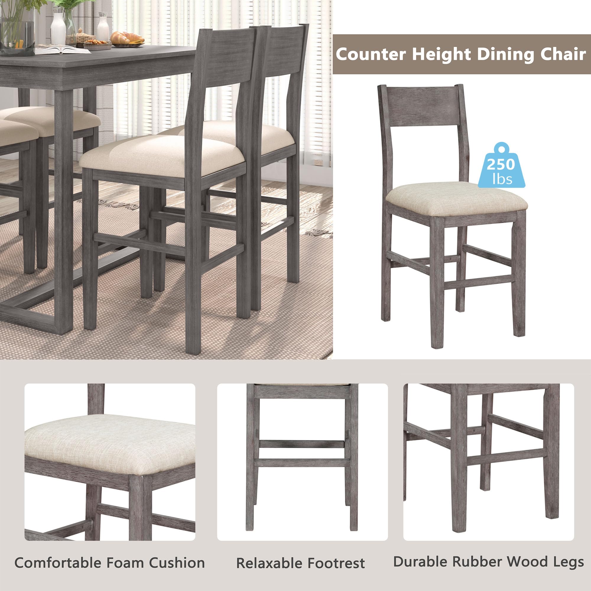 Farmhouse Style 5-Piece Counter Height Dining Set - Solid Wood Rectangular Table with 4 Chairs, Gray Wooden Kitchen Pub Bar Table for Small Spaces, Perfect for Breakfast Nooks, Compact Apartments & Cozy Dining Areas
