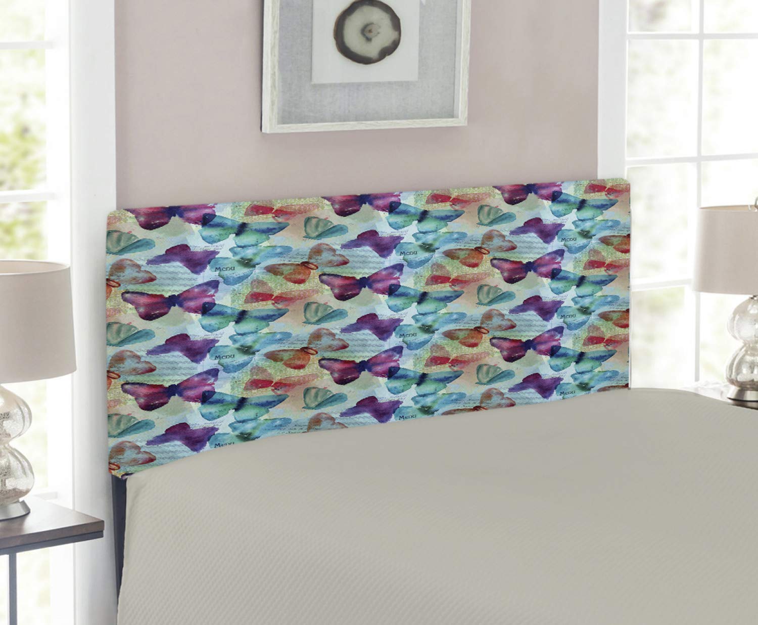 Ambesonne Abstract Upholstered Headboard with Watercolor Rainbow Butterflies & Music Notes - Twin Size Decorative Metal Bed Frame with Memory Foam - Perfect for Kids' Rooms, Teen Bedrooms & Bohemian Home Decor