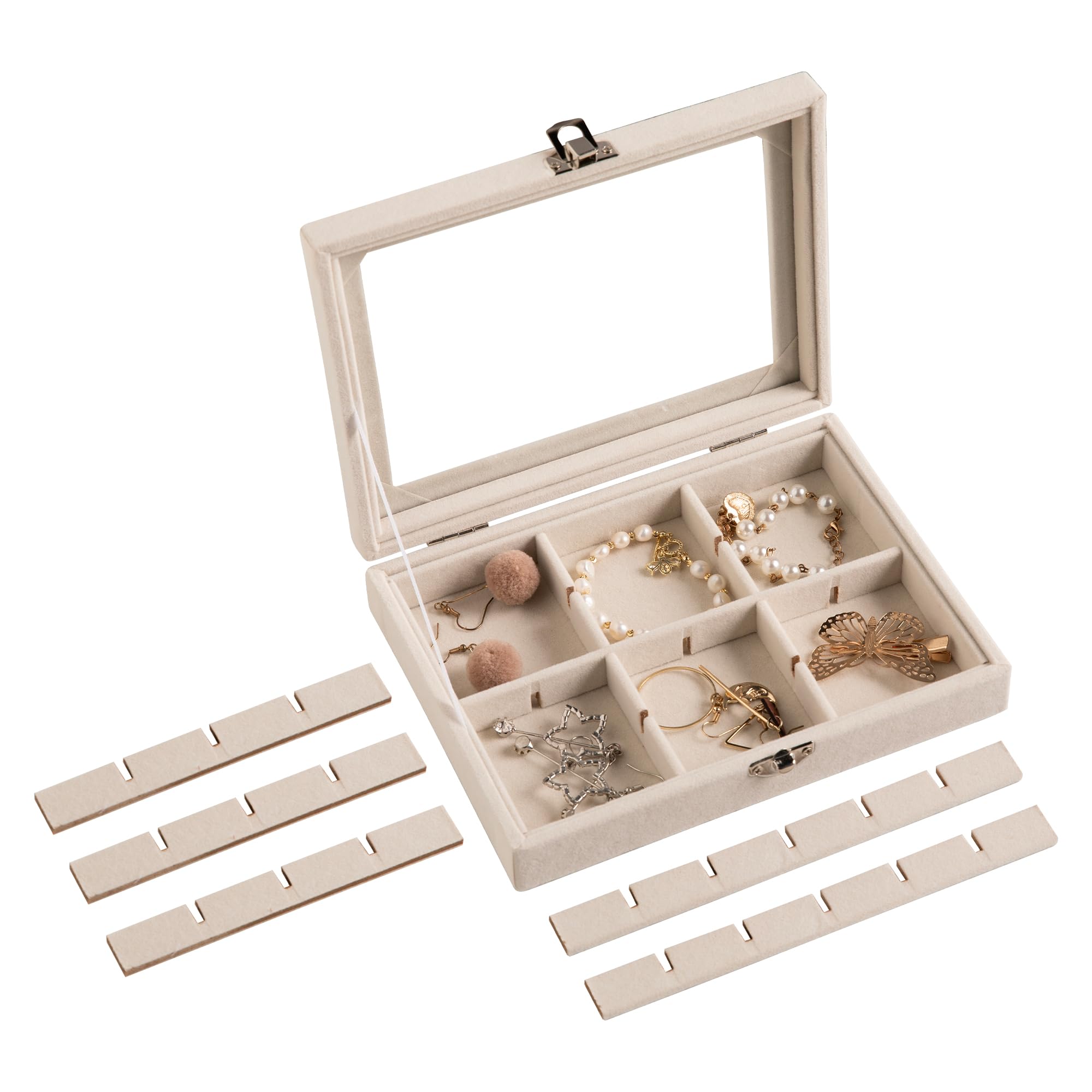 Frebeauty 24-Slot Velvet Jewelry Organizer Tray with Clear Lockable Lid - Earring, Ring, and Stud Holder for Women & Girls (Beige) | Perfect for Travel, Vanity, and Gift Giving