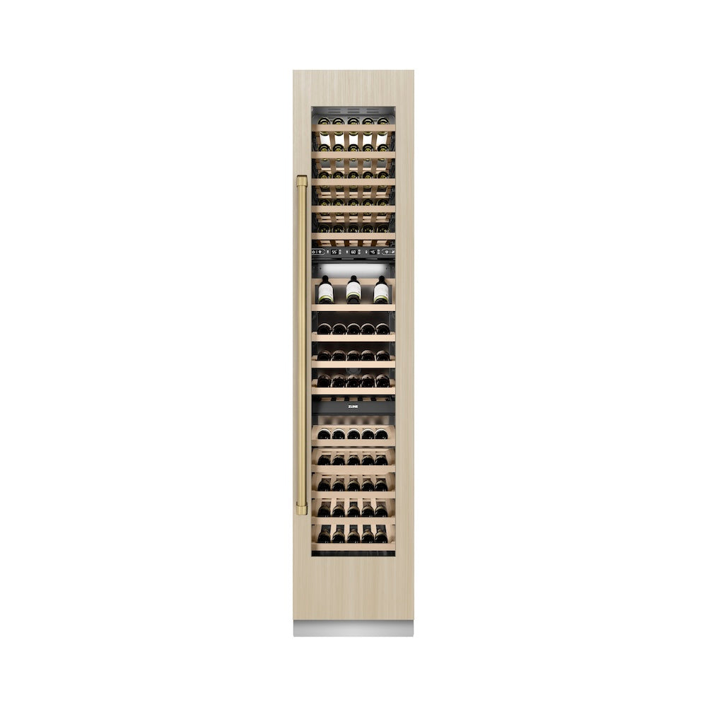 ZLINE Autograph Edition 18-Inch 9.0 cu. ft. Triple Zone 68-Bottle Panel Ready Right Hinge Column Wine Cooler with Champagne Bronze Accents - Perfect for Wine Cellars, Home Bars, and Entertaining Spaces (RBCWVRZ 18 CB)