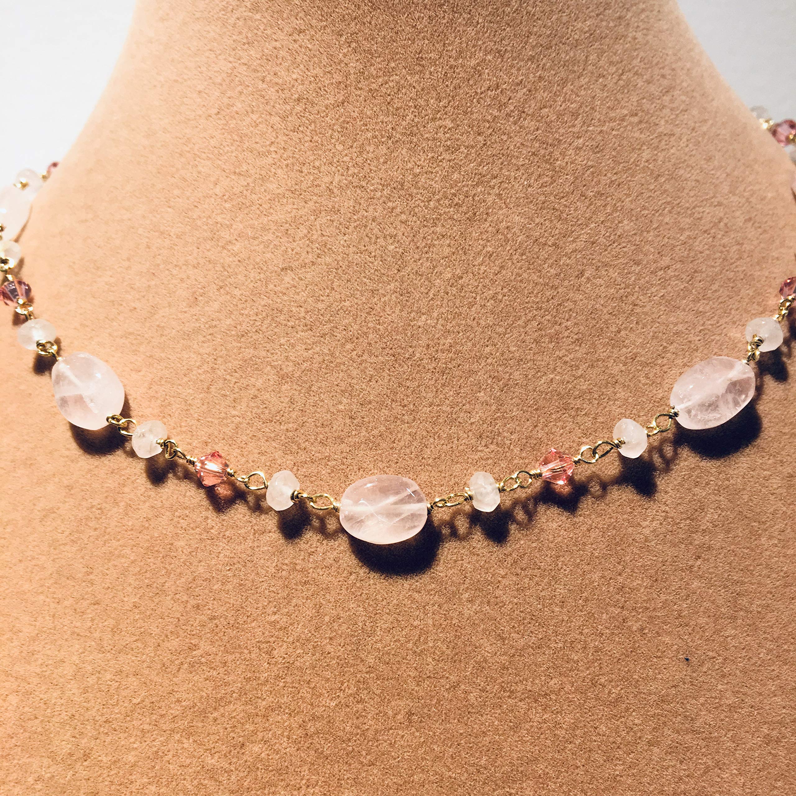 14K Gold Filled Rose Austrian Crystal & Rose Quartz Choker Necklace with 3
