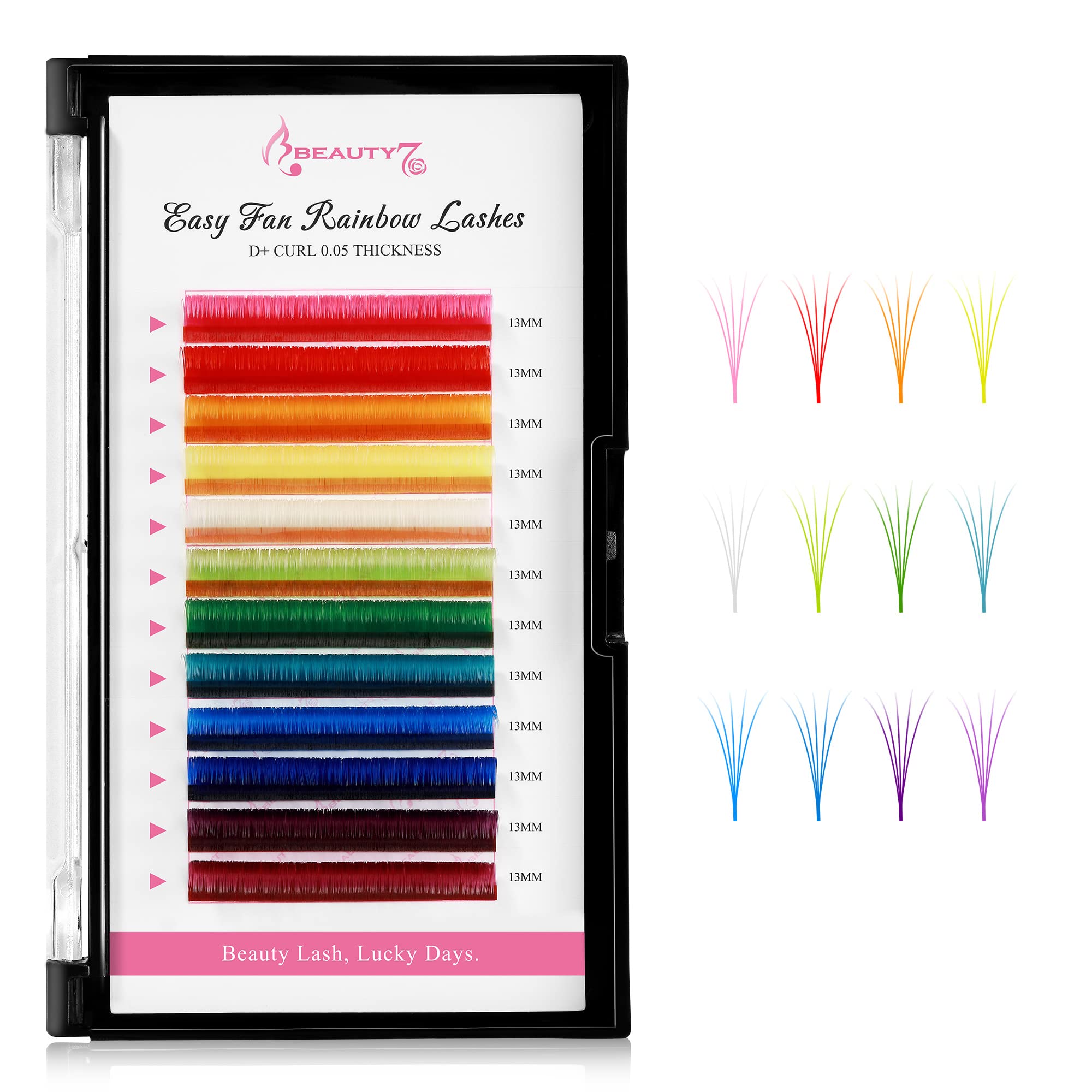 Beauty7 Rainbow Colored Lash Extensions - 12 Vibrant Shades, Self-Fanning Ombre Lashes, D+ Curl, 0.05mm Ultra-Thin, 13mm Dramatic Length | Perfect for Parties, Halloween, Cosplay & Bold Makeup Looks
